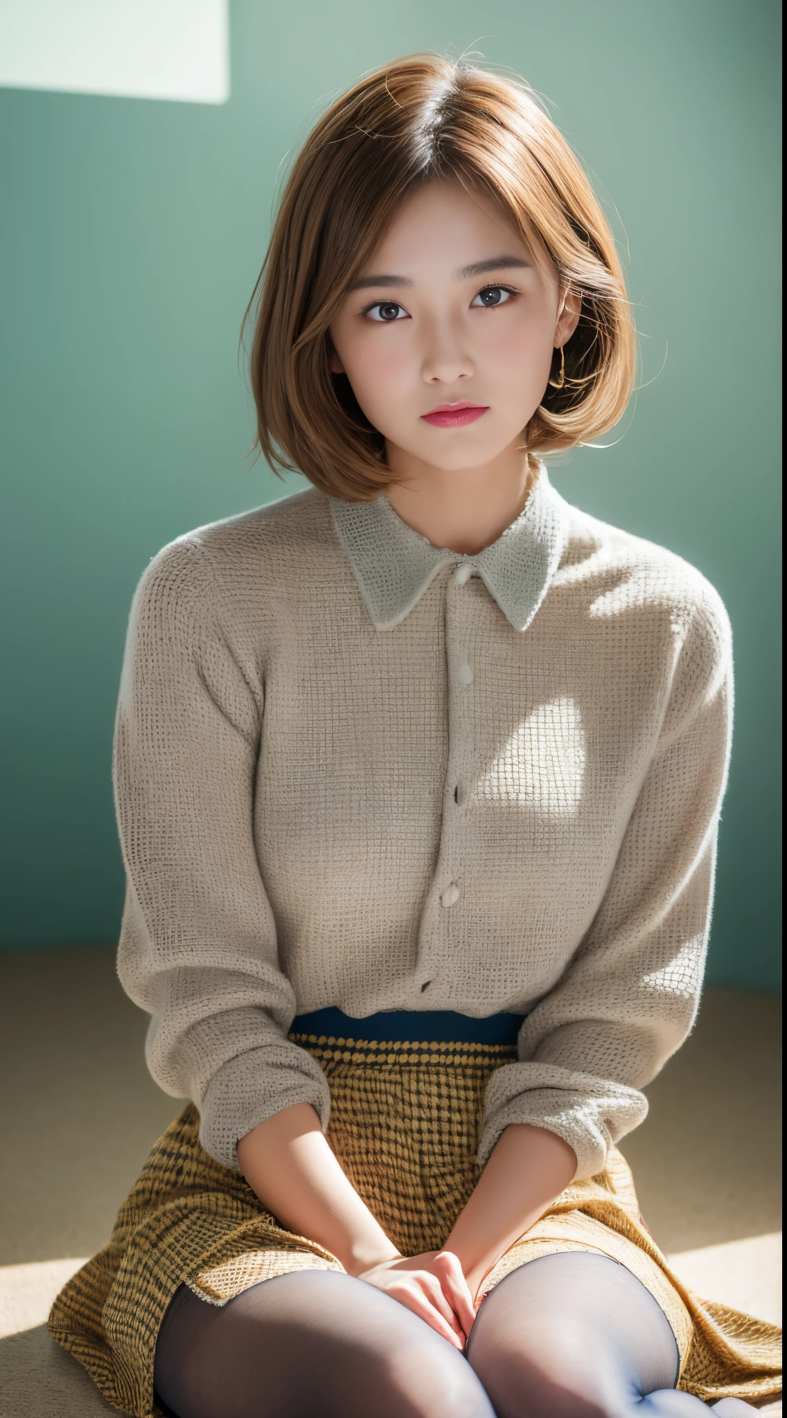 ulzzang -6500-v1.1, (Raw photo:1.2), (Photorealsitic), (See-through:1.3), (Real:1.4), (Ultra-realistic pantyhose:1.2), Skirt and thighs、game_nffsw, Beautiful Japan Woman, Nice perfect face with soft skin, Small face with rose-like nose and lips, Beautiful eyes, Beautiful smile. Black, Thin, long, Beautiful hair wrapped beautifully, ethereal glow. Gradient Highlight Greige Layer Loose Fluffy Medium Hairstyle, Navy Band Collar Shirt× Houndstooth Yellow Flared Skirt, Sitting on floor、Expression of shame、Bright neon colorful background, Ultra realistic women pictures, A high-quality, high-resolution 8K masterpiece, realistic skin textures、shinny skin、Exposed thighs!!!