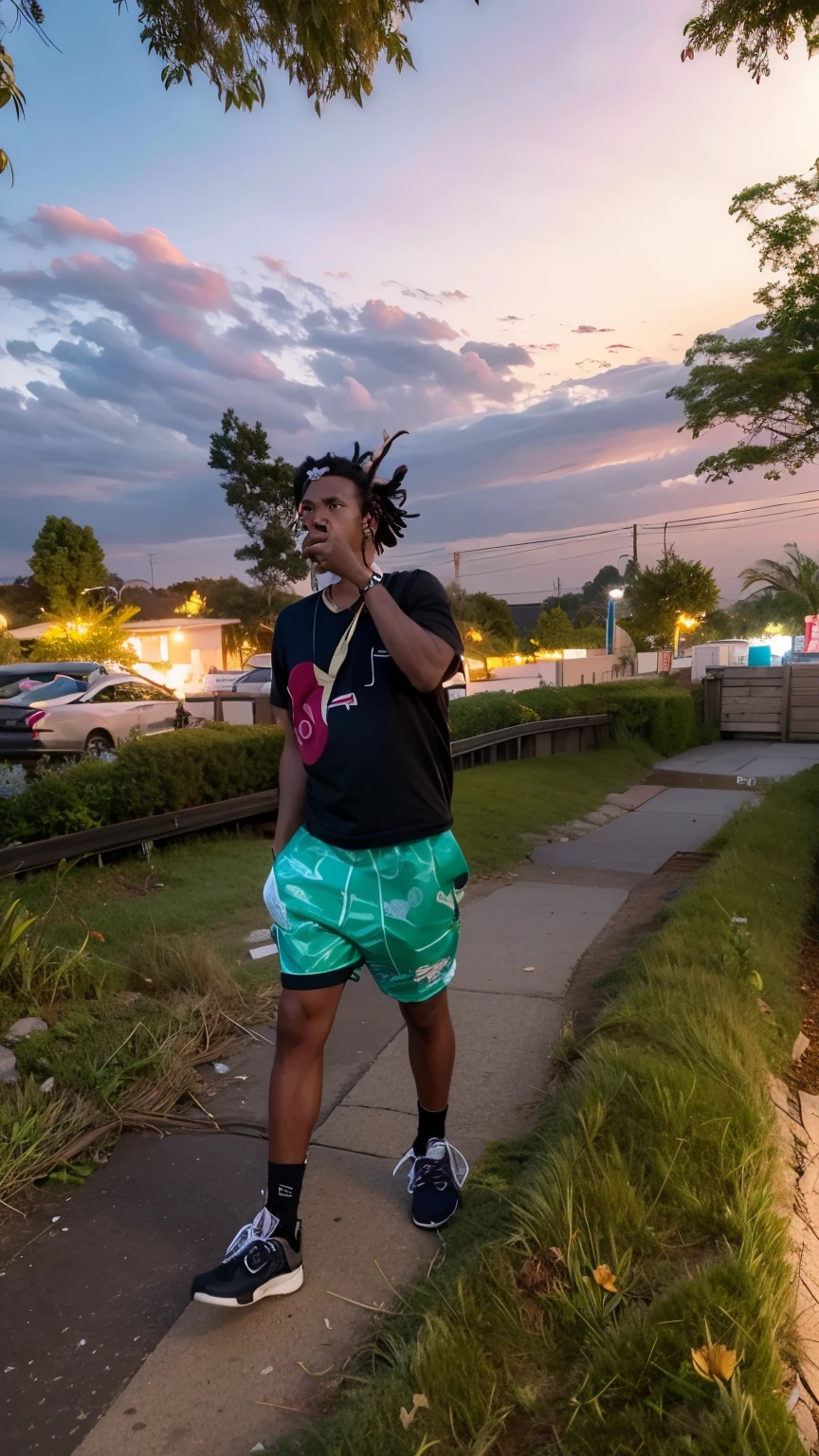 Top Quality, 16k, Masterpiece: 1.3)), black young man, portrait of a dark skin adult male(African-American:1.2, 20 years old) with dark black dreadlocks and a white shirt, urban boy fanart, solo portrait, unknown artstyle, detailed character portrait, black anime manga girl, urban town background, aqua green eyes, detailed anime soft , anime boy, male anime style, halfbody portrait, High detailed and Skin Texture, Detailed structured drinking cola
