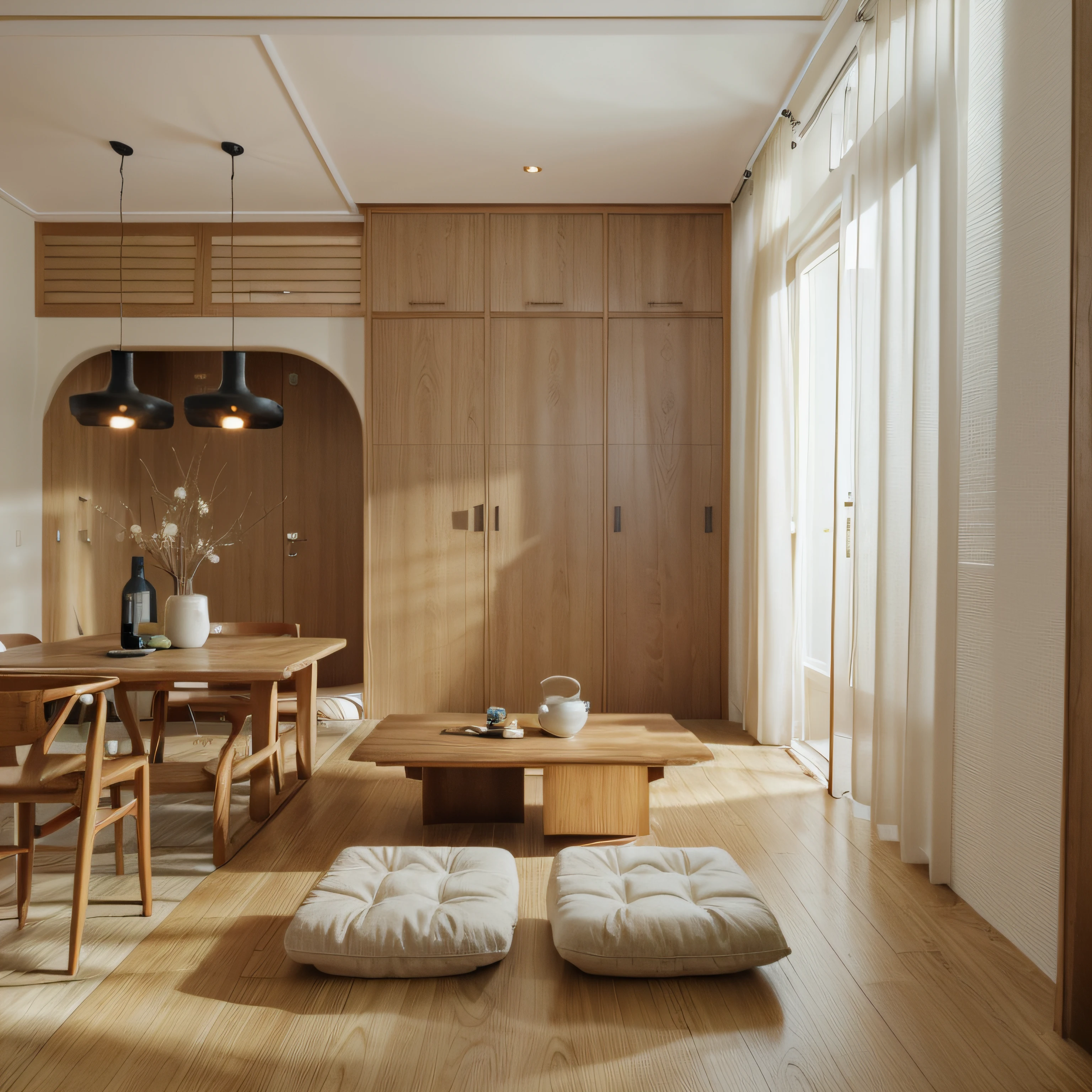 Japandi style combines the traditional elements of Japan with the simple, minimalist beauty of Scandinavian design. It is a distinct interior design style characterized by the delicate fusion of warmth from natural wood tones and the elegance and tranquility of traditional patterns. Warm wood tones: Using natural woods like oak, walnut, or maple establishes the foundation for the space. Sofas, dining tables, coffee tables, and other furniture often feature natural wood grains, creating a sense of warmth and coziness. White paper doors: Opting for white doors made of traditional Japanese paper material, such as shoji screens, serves as a focal point and allows natural light to filter through, creating a bright and minimalist space. Bright LED lights: Employing LED lights with warm and gentle illumination, whether in yellow or warm white tones. Ceiling lights, table lamps, and floor lamps are designed with simplicity while maintaining aesthetic appeal. Sakura and Mount Fuji landscape paintings: Paintings depicting cherry blossoms (sakura) or Mount Fuji are hung on walls or placed on shelves for visual emphasis. These images showcase the natural beauty and refinement of Japan's nature. Bonsai paintings: Bonsai is not just a type of plant but also an art form. Bonsai images in paintings add an intriguing and unique touch to the space, whether placed on tables, shelves, or hung on walls. Decorative accessories: Incorporate accessories like cotton or linen throw pillows for sofas, decorative pillows with traditional Japanese patterns, room dividers, and ceramic decor such as bowls, plates, and tea sets with simple and traditional motifs. Minimalist furniture and decor design: Furniture designs typically feature simple, minimalist lines without overly intricate details. Emphasis is placed on the quality of materials used and meticulous craftsmanship in every detail.