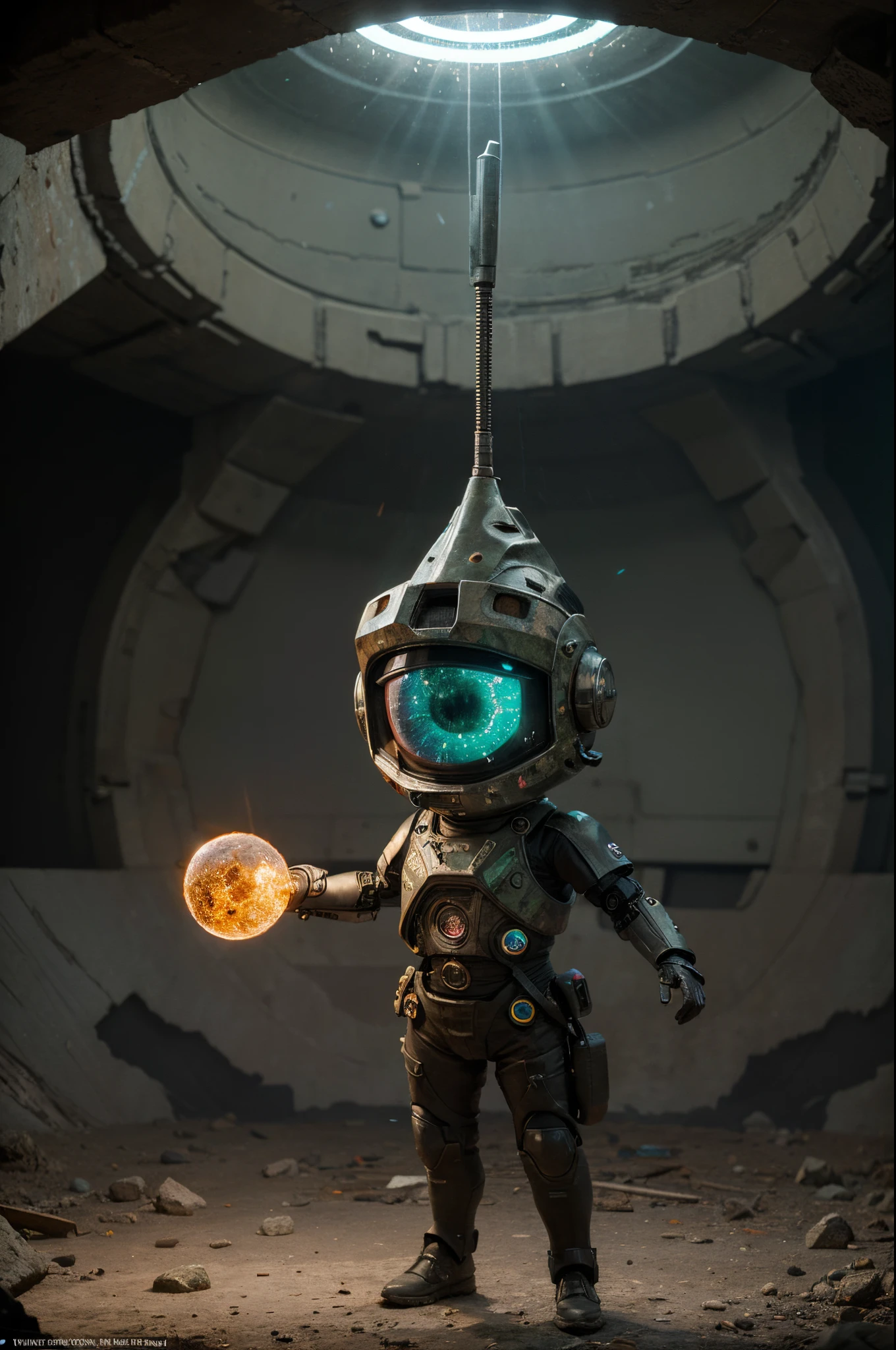 A Modern flat toon Crazy whit a Big ONE a Only Eye Robot and helmet Style, tongs in hands, Tv head, pinhead, camouflage Pink Light Green Rusty, Ambient in a meteorite crater super detailed, center, beautiful, soft lighting, focused on the character, 4K resolution, photorealistic rendering,