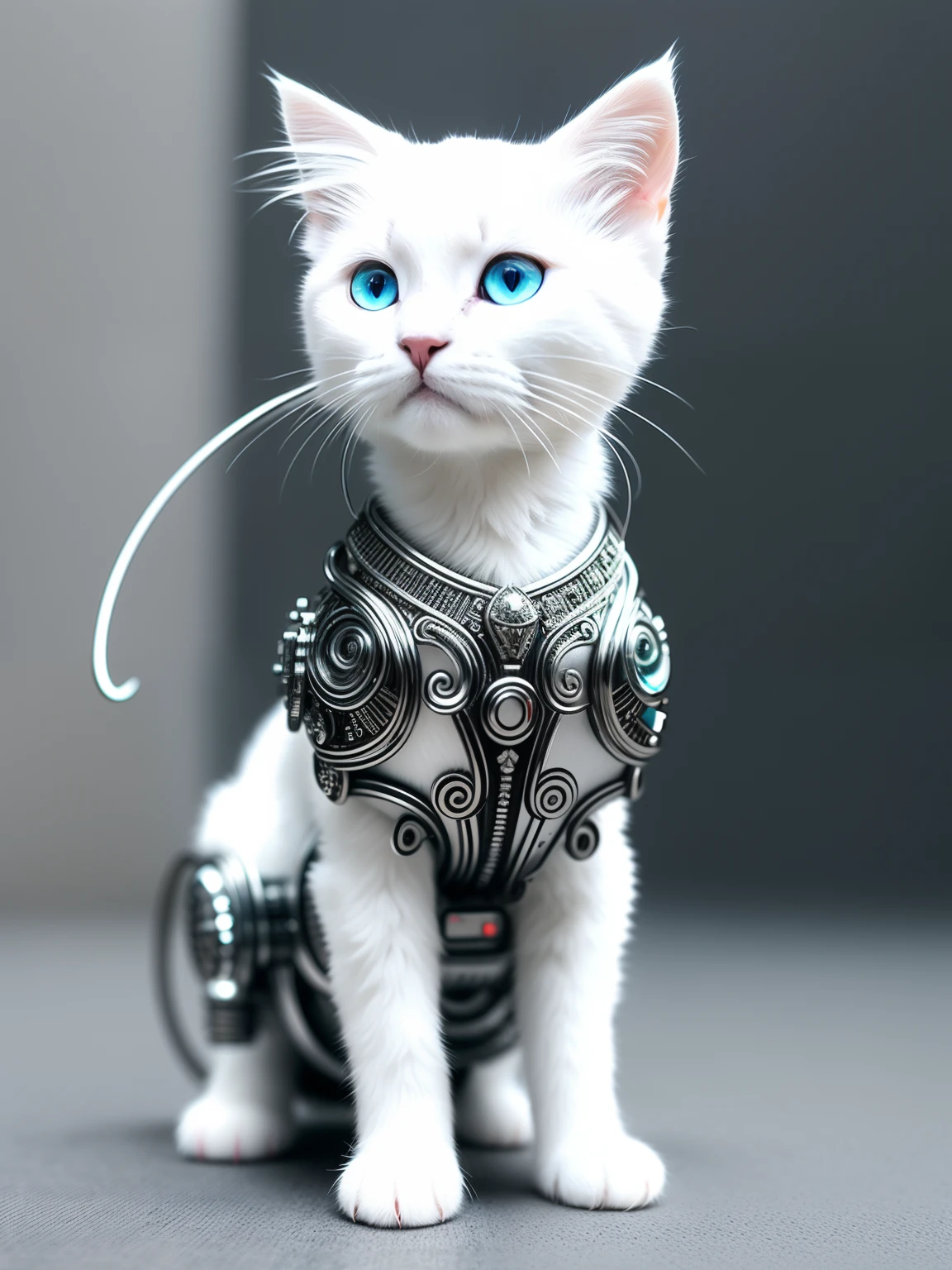 Cute white kitten made of metal, (cyborgs:1.1), ([tail | Detailed wire]:1.3), (Intricate details), nffsw, (Intricate details, hyperdetails:1.2), cinematic shot, Vignette, Centered