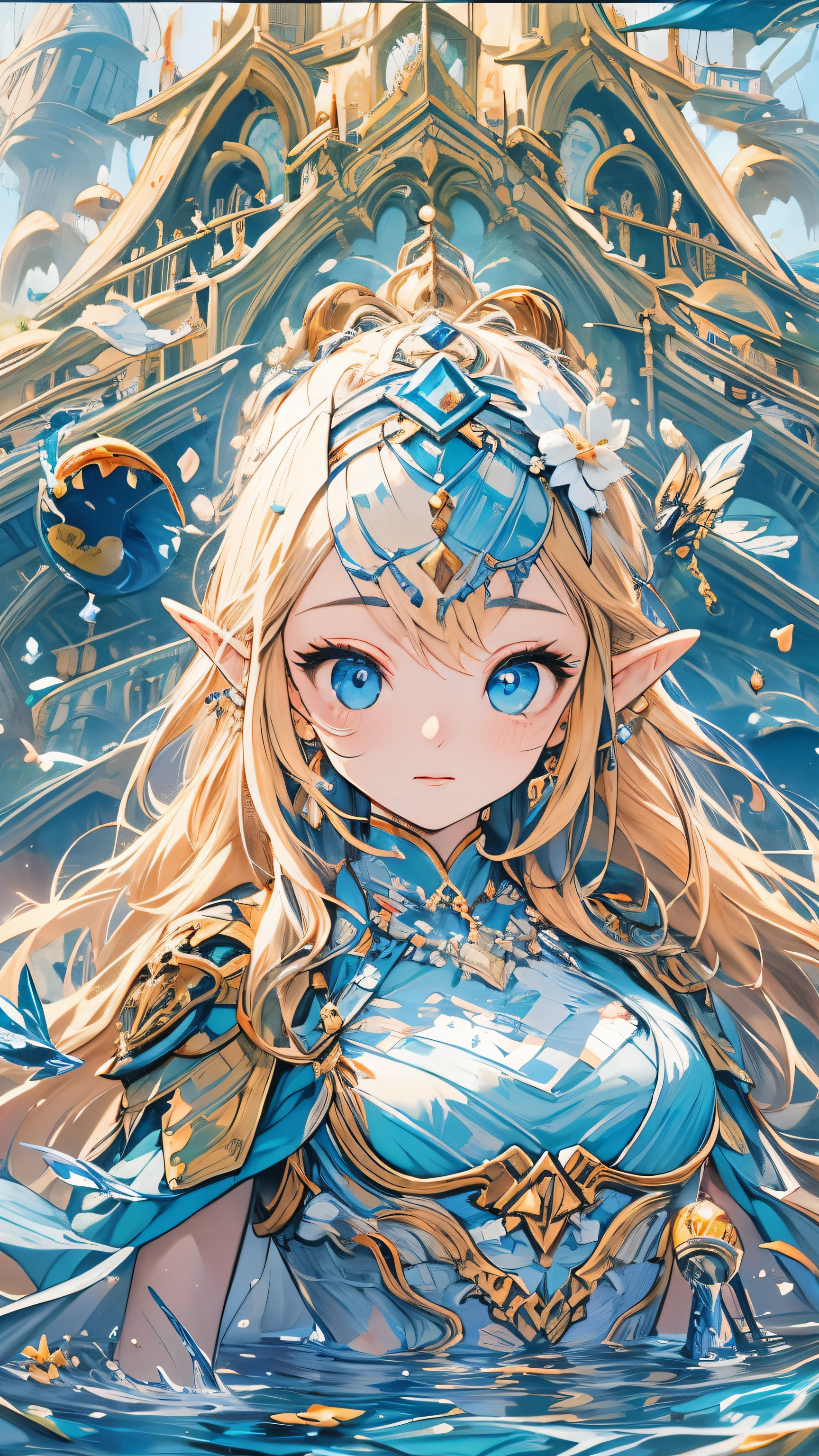 "(Best quality at best,4K,8K,A high resolution,tmasterpiece:1.2), ultra - detailed,(actual,realistically,realistically:1.37), Impresionismo, under the water, iris compiet, airbubble, Flat-chested girl, The fish, Long blonde hair, floods, Solitude, Eau, A princess, blond hair blue eyes, short- sleeved, eBlue eyes, fairies, Legend of Zelda, jewely, CG, kingdom city background, Ancient machinery, diadems, Light effect."