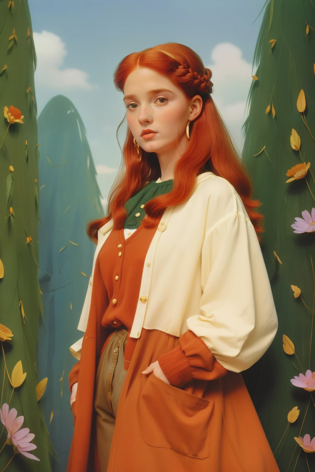 1997, Berkshire County, Massachusetts. Pre-raphaelite (((45-year-old))) woman, redhead, visiting the whimsical village street, ((((casual Clothing from the 1990s)))), ((Hairstyle of the 1990s)), ((Wes Anderson cinematic style)), colorful