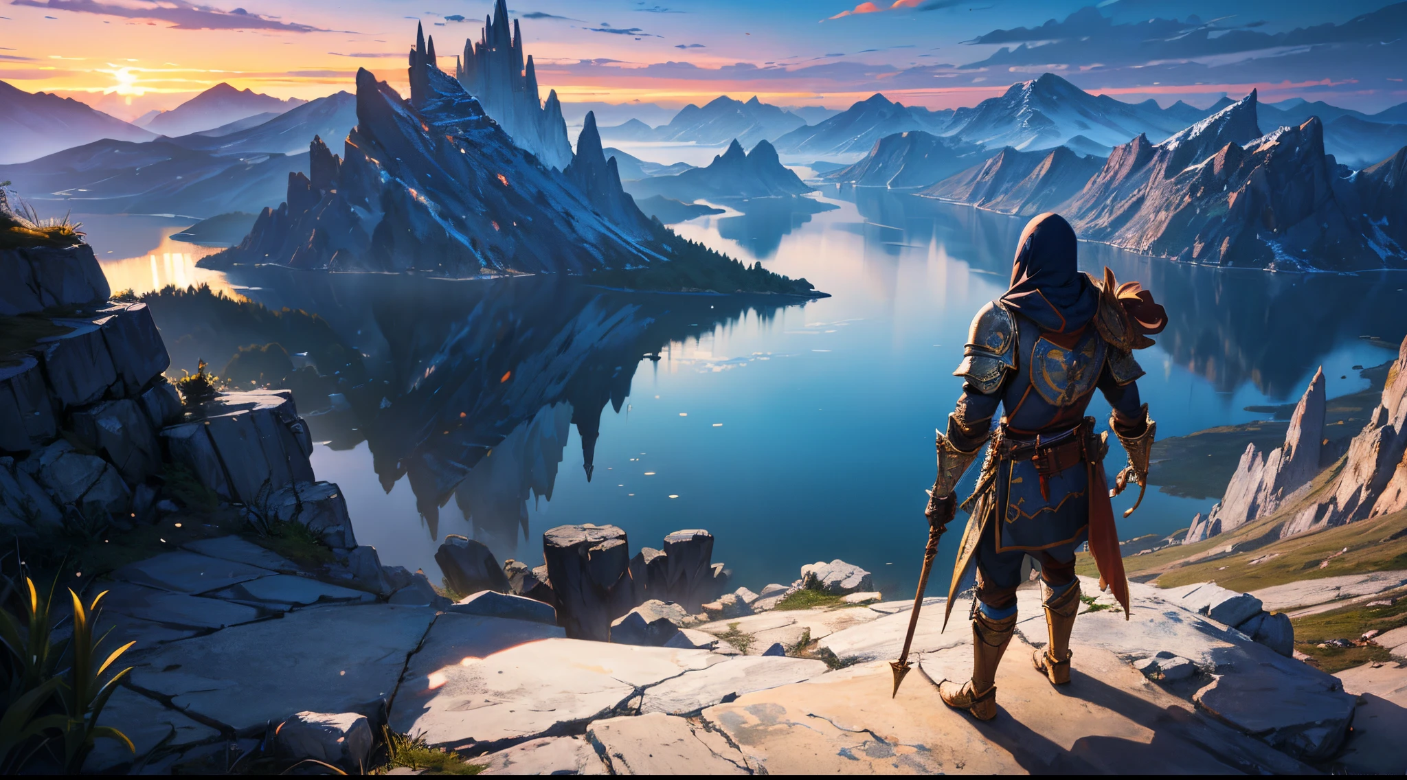 fantasy adventurer (detailed armour, glowing armour, bulky armour, hooded), cliff, fantasy city (far away), lake (in the middle), sunset, mountains, desktop wallpaper, vivid colors, HDR, ultra-detailed, realistic, studio lighting, anime artstyle