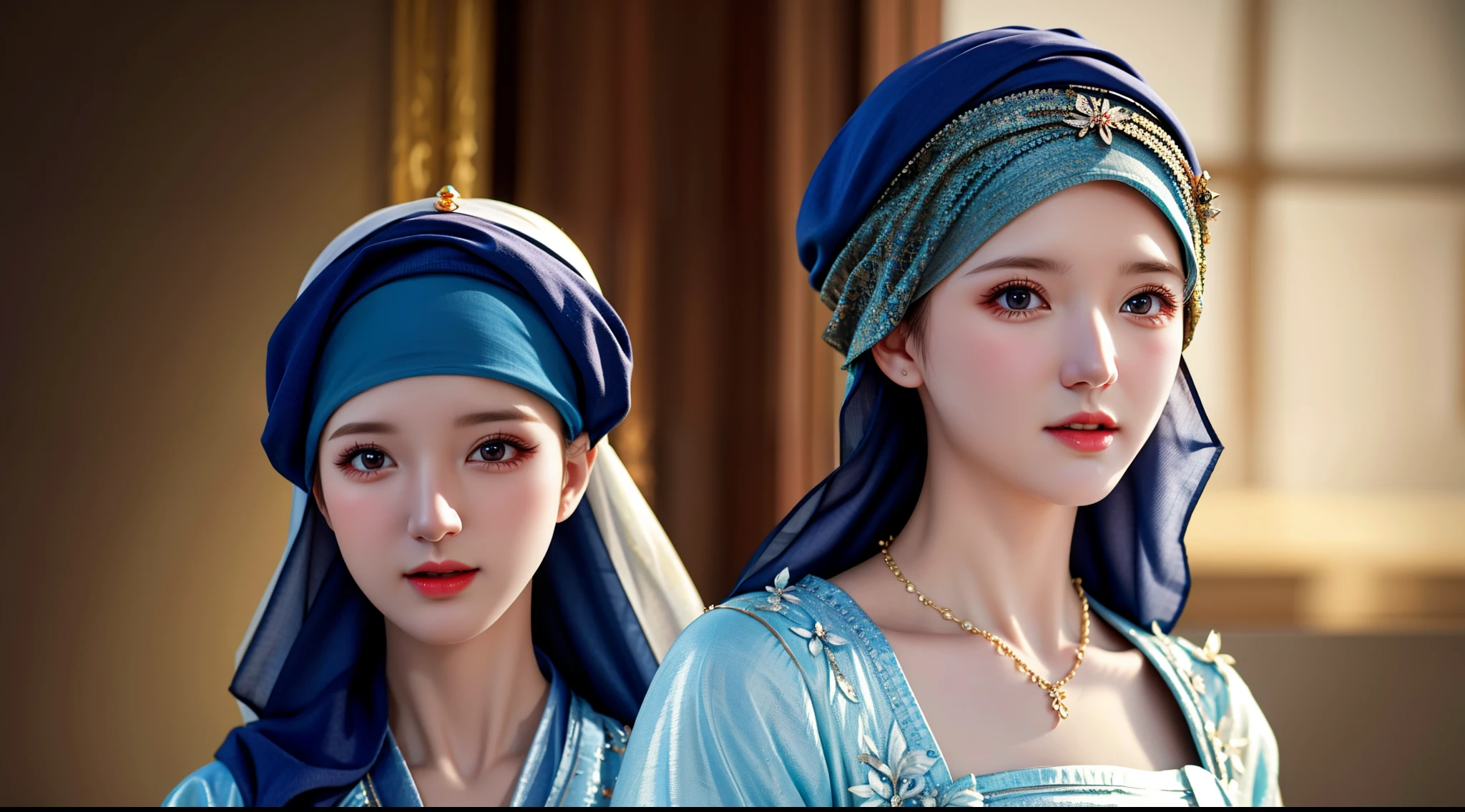 best quality, masterpiece, highres, moslem female dress, necklace, Beautiful face, (upon body from head to waist:1.37), tyndall effect, photorealistic, dark studio, rim lighting, two tone lighting, 8k uhd, dslr, soft lighting, high quality, volumetric lighting, candid, Photograph, high resolution, 4k, 8k, Bokeh, (hyperrealistic girl), (illustration), (high resolution), (extremely detailed), (best illustration), (beautiful detailed eyes), (best quality), (ultra-detailed), (masterpiece), (wallpaper), (photorealistic), (natural light), (rim lighting), (detailed face), (high detailed realistic skin texture), (anatomically correct), (solo), (1 woman), (heterochromic eyes), (detailed eyes), (sparkling eyes), (long legs), (big breasts), (dynamic pose), (concentrated expression), (wearing hijab:1.4), moslem headscarf, reading glasses.