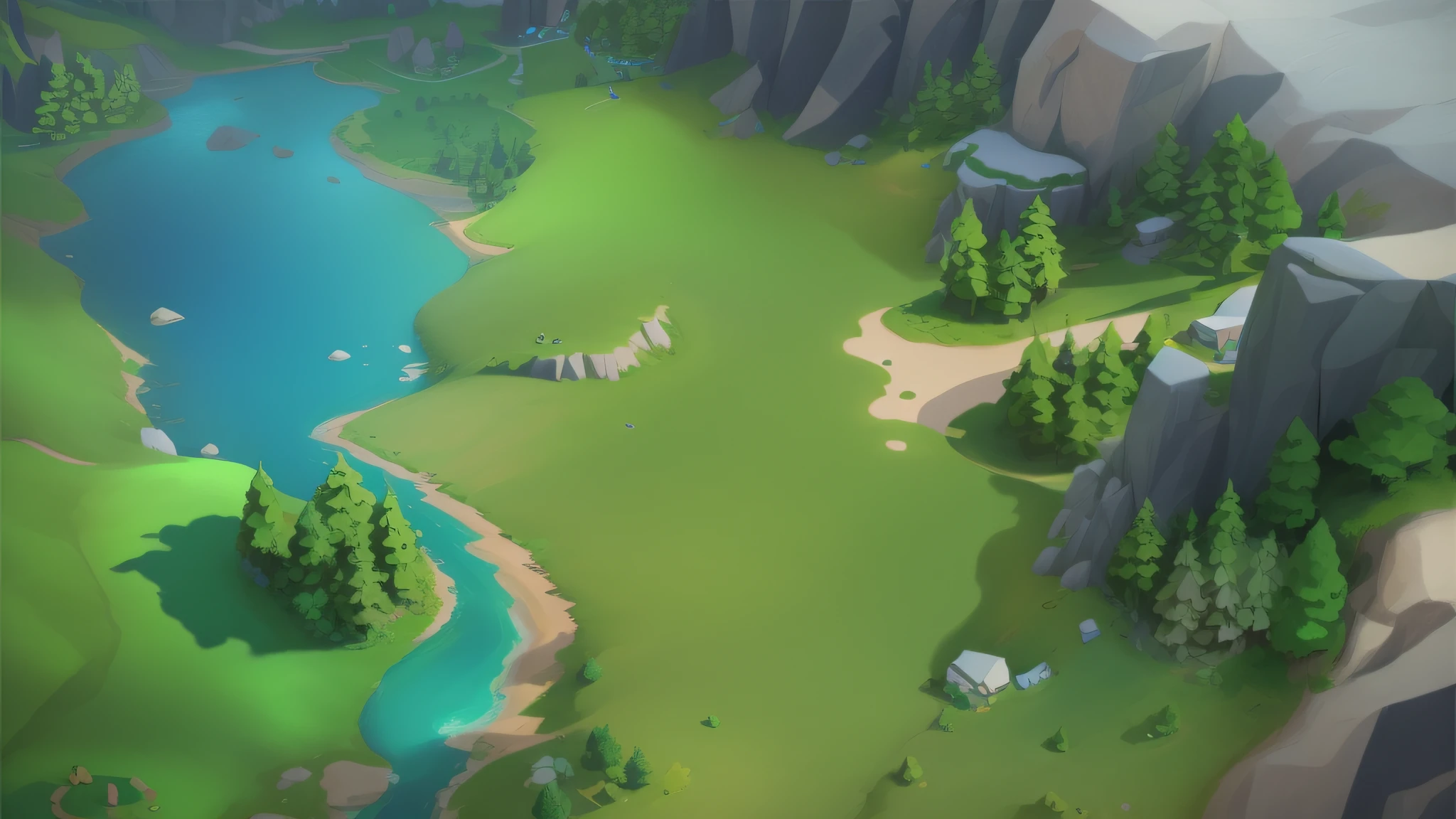 Close-up of a cartoon-style landscape,There are rivers and trees, stylized concept art, stylized game art, stylized art, stylized shadow, simple stylization, arte de fundo, stylized background, breezy background, stylised painting, Epic background, ingame image, stylized as a 3d render, background artwork, mobile game background, Valle exuberante
