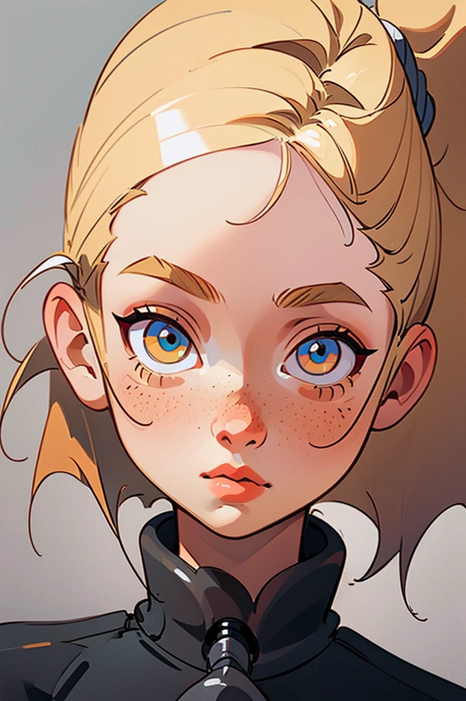 (a drawing, simple art style, flat shading, simple shading), 1girl, simple white blank background, looking at viewer, long hair, big lips, eyes open, freckles, blonde, ponytail, portraiture, close up, head on, facing viewer