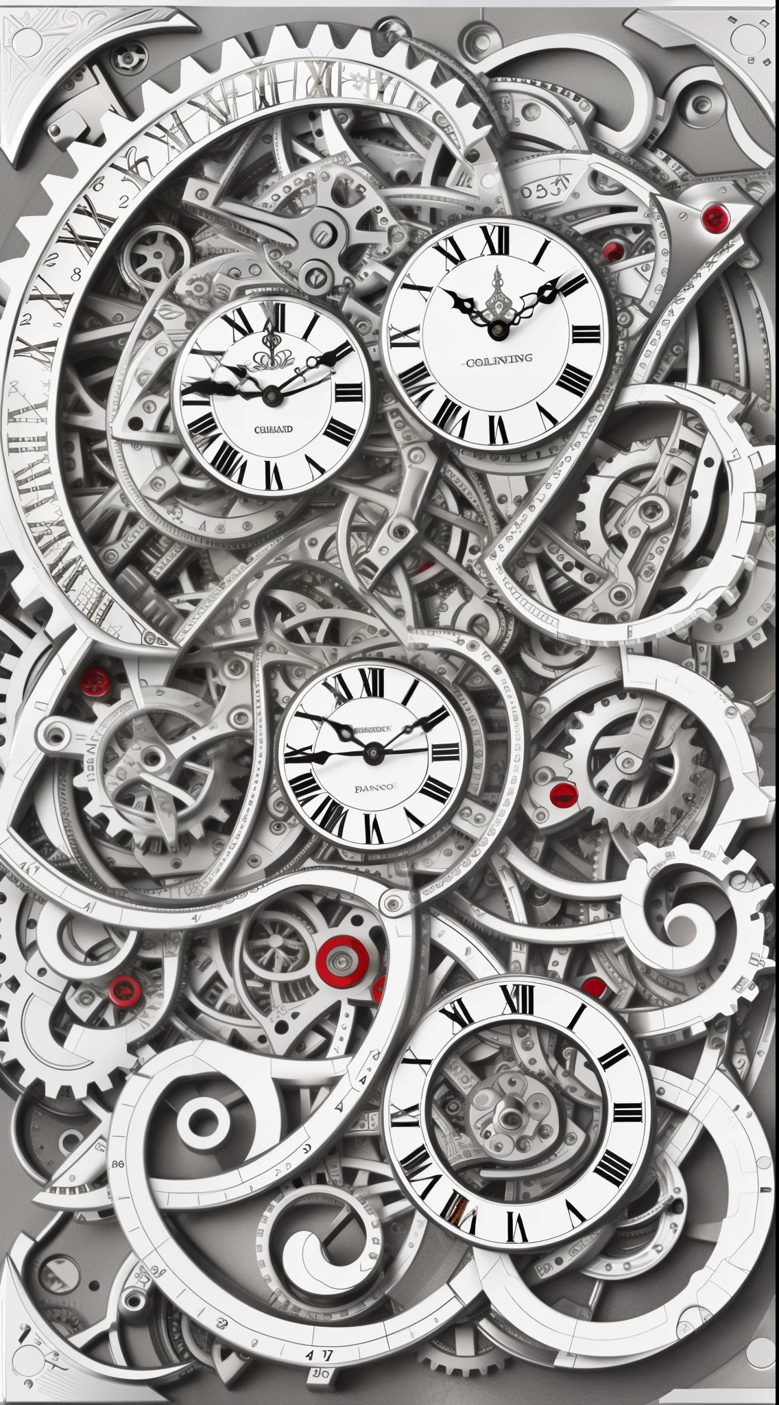 There is a clock with many gears and numbers written on it., time flow. Complex shapes, intricate steampunk ornate, More about silver-white-red, intricate gears details, White biomechanical details, Silver Steampunk Gear, Time twist, intricate mechanical details, white machine details, Complex mechanism, white biomechanical, rococo mechanical, mechanical clock, Silver、White the、gold、Red details