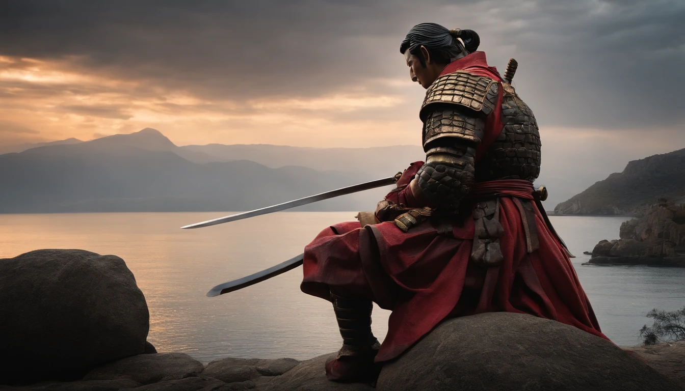 Traditional samurai warrior meditates on the cliff with wounds on his body and bleeding eye, during sunset.