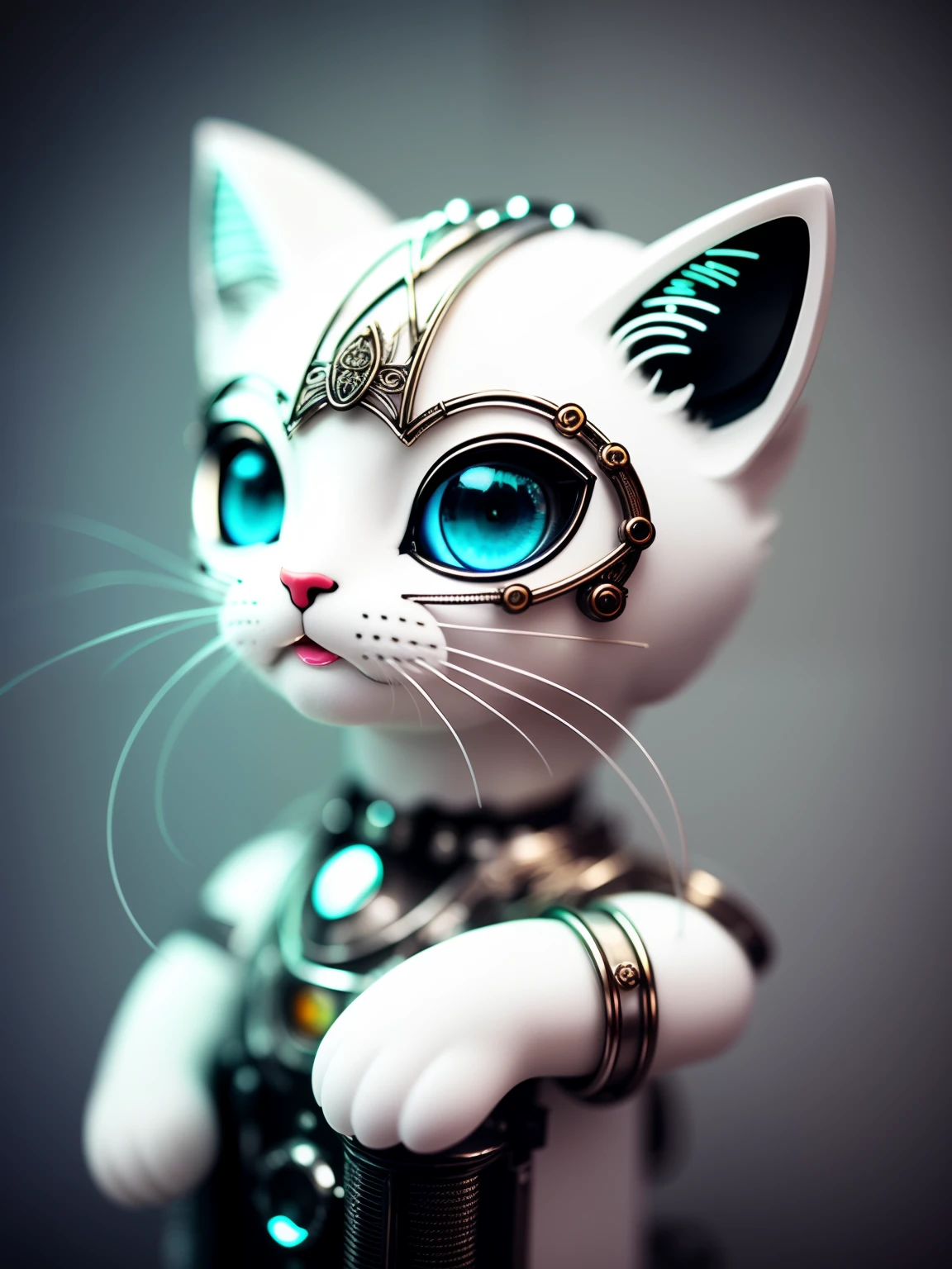 Cute white kitten made of metal, (cyborgs:1.1), ([tail | Detailed wire]:1.3), (Intricate details), nffsw, (Intricate details, hyperdetails:1.2), cinematic shot, Vignette, Centered