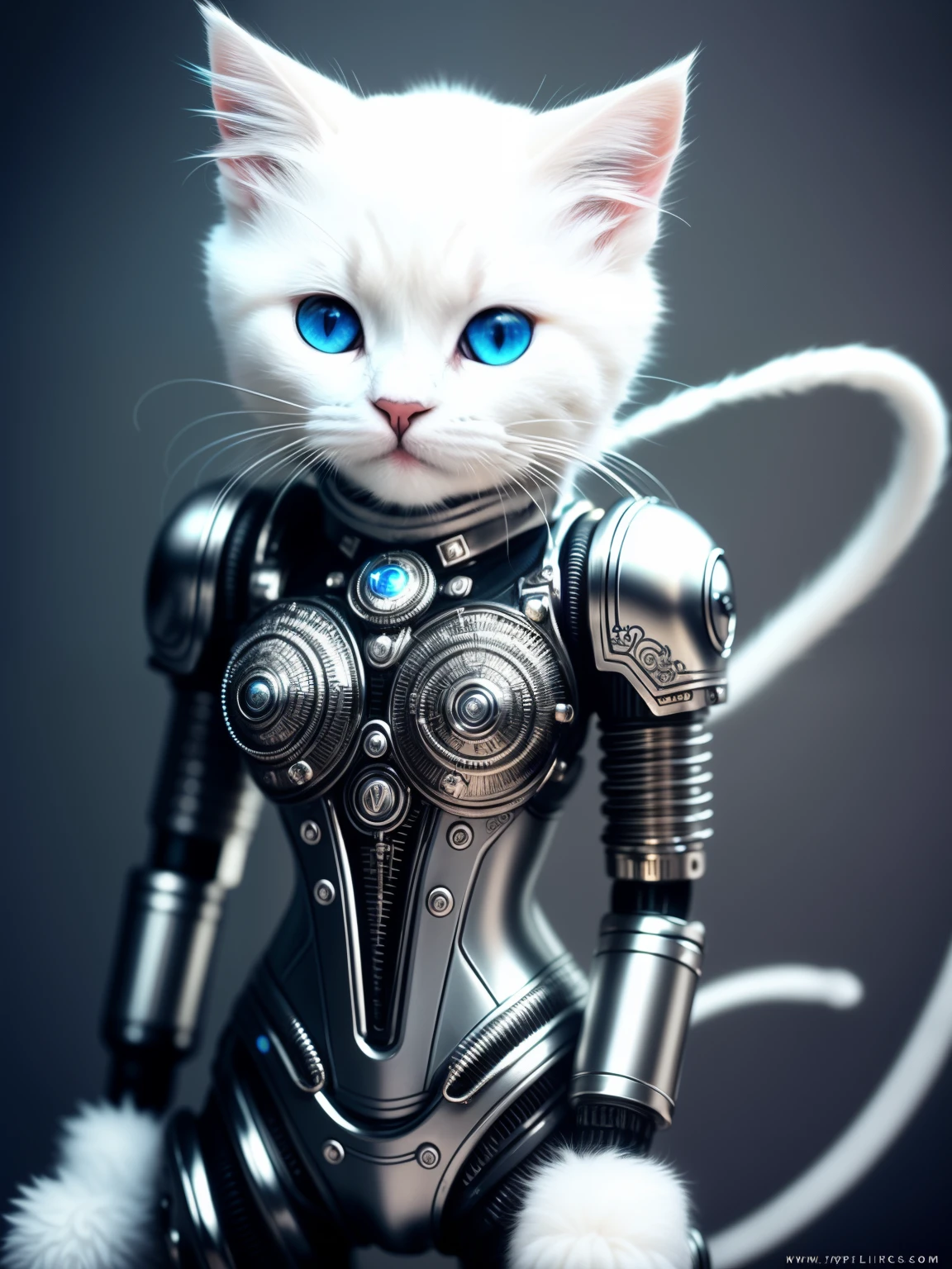 Cute white kitten made of metal, (cyborgs:1.1), ([tail | Detailed wire]:1.3), (Intricate details), nffsw, (Intricate details, hyperdetails:1.2), cinematic shot, Vignette, Centered