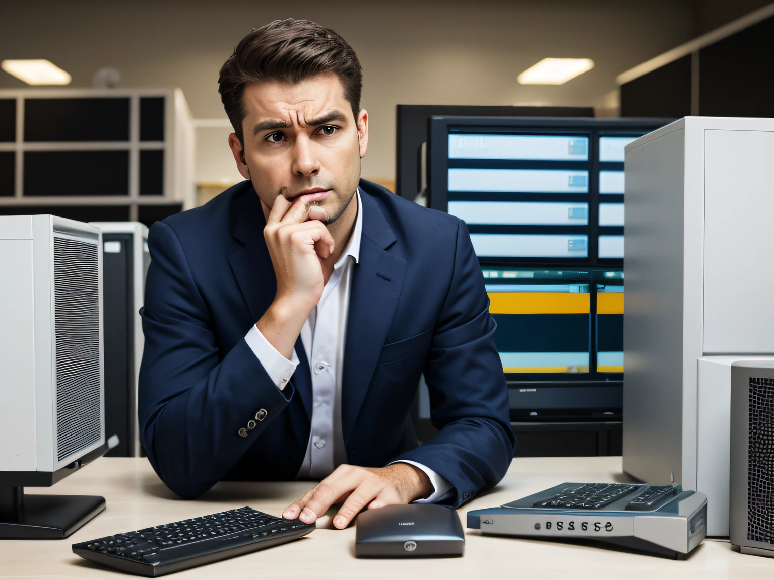 Image of a frustrated business owner surrounded by outdated computer technology