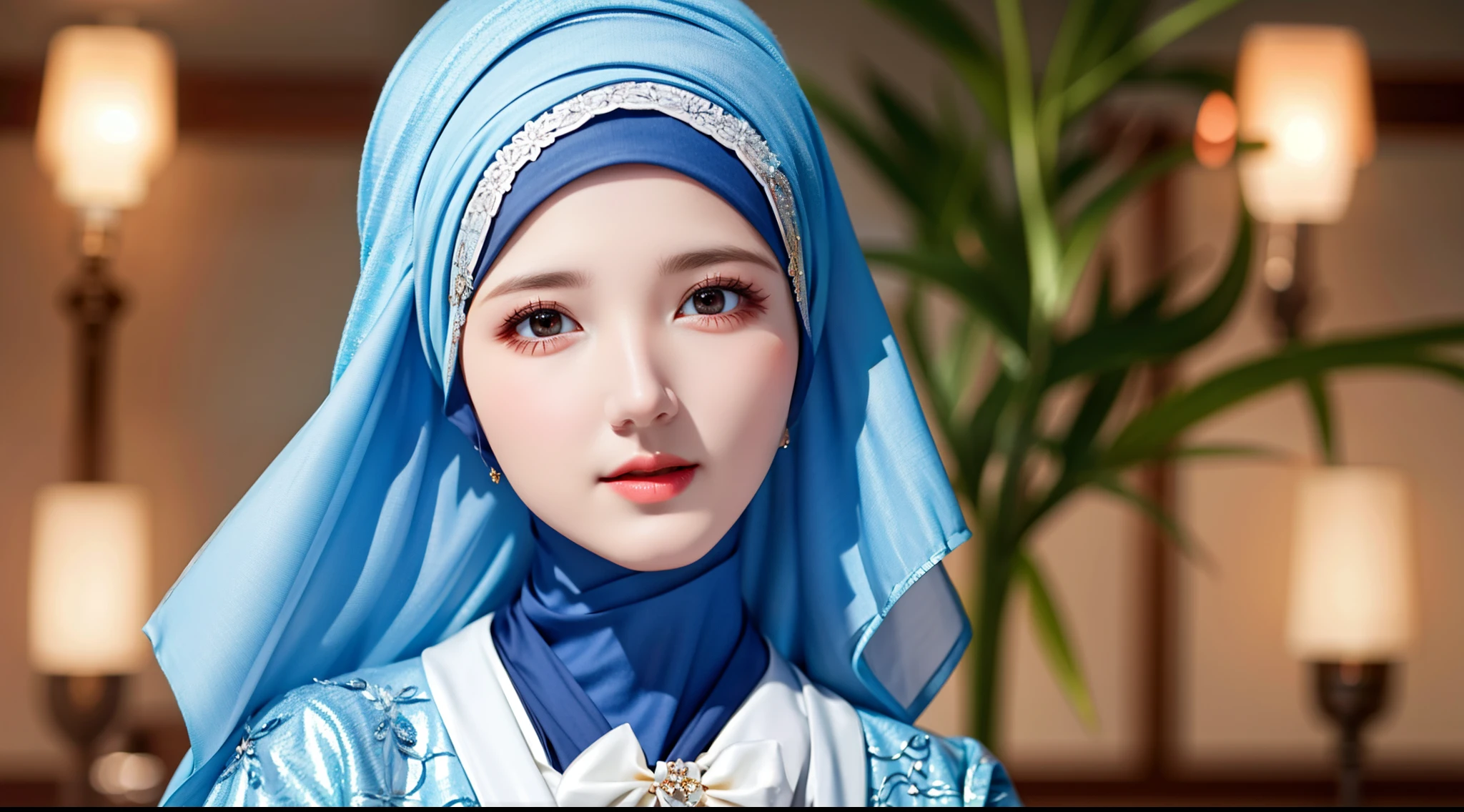 best quality, masterpiece, highres, moslem female dress, necklace, Beautiful face, (upon body from head to waist:1.37), tyndall effect, photorealistic, dark studio, rim lighting, two tone lighting, 8k uhd, dslr, soft lighting, high quality, volumetric lighting, candid, Photograph, high resolution, 4k, 8k, Bokeh, (hyperrealistic girl), (illustration), (high resolution), (extremely detailed), (best illustration), (beautiful detailed eyes), (best quality), (ultra-detailed), (masterpiece), (wallpaper), (photorealistic), (natural light), (rim lighting), (detailed face), (high detailed realistic skin texture), (anatomically correct), (solo), (1 woman), (heterochromic eyes), (detailed eyes), (sparkling eyes), (long legs), (big breasts), (dynamic pose), (concentrated expression), (wearing hijab:1.4), moslem headscarf, reading glasses.