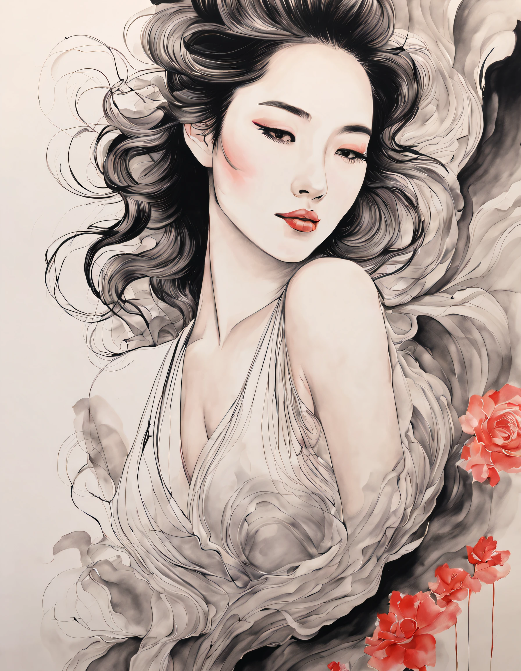 Chinese traditional ink body art style, (Use simple lines to outline a woman’s graceful figure），on  back, undulating lines, Thick and thin lines, (body art）,
line art, Black and white painting,character drawing,line art,lyrical abstraction, Fountain Pen Art,Gel Pen,crayon art,