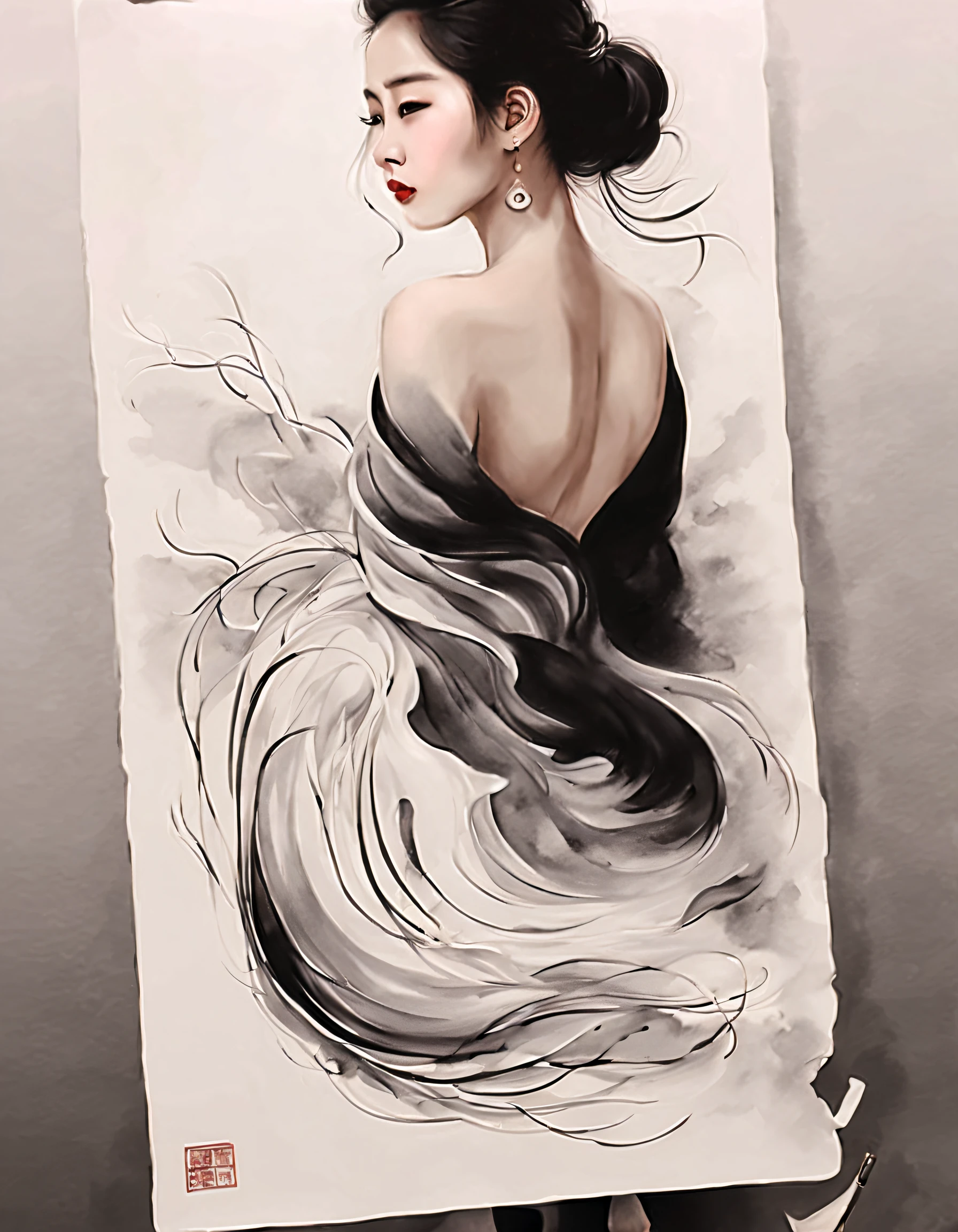 Chinese traditional ink body art style, (Use simple lines to outline a woman’s graceful figure），sweetheart&#39;Come back, undulating lines, Thick and thin lines, (body art）,
line art, Black and white painting,character drawing,line art,lyrical abstraction, Fountain Pen Art,Gel Pen,crayon art,