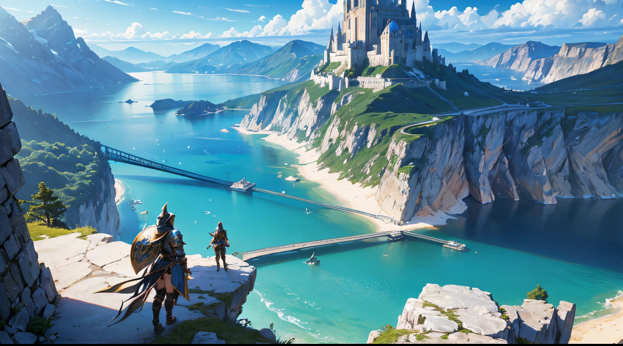 fantasy adventurer (detailed armour, glowing armour, bulky armour, hooded), cliff, fantasy city (far away), lake (in the middle), mountains, desktop wallpaper, vivid colors, HDR, ultra-detailed, realistic, studio lighting, anime artstyle