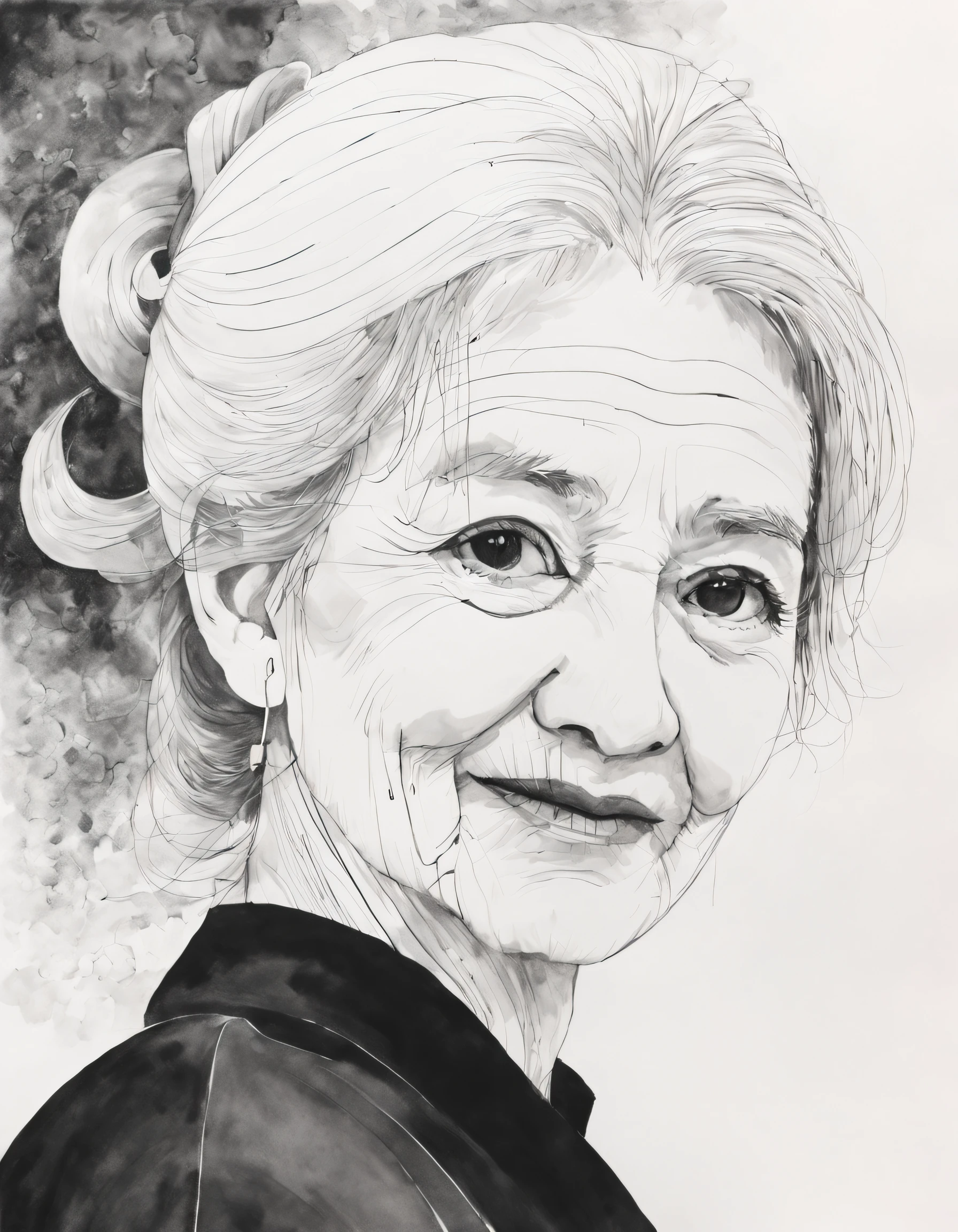 （grandma portrait) ，simple black and white painting， Thick and thin lines, beautiful line art, Black and white painting,,lyrical abstraction, Fountain Pen Art,Gel Pen,crayon art，handpainted， black and white manga style,  comic artstyle, pencil and ink manga, Black and white coloring its beautiful ink line art，