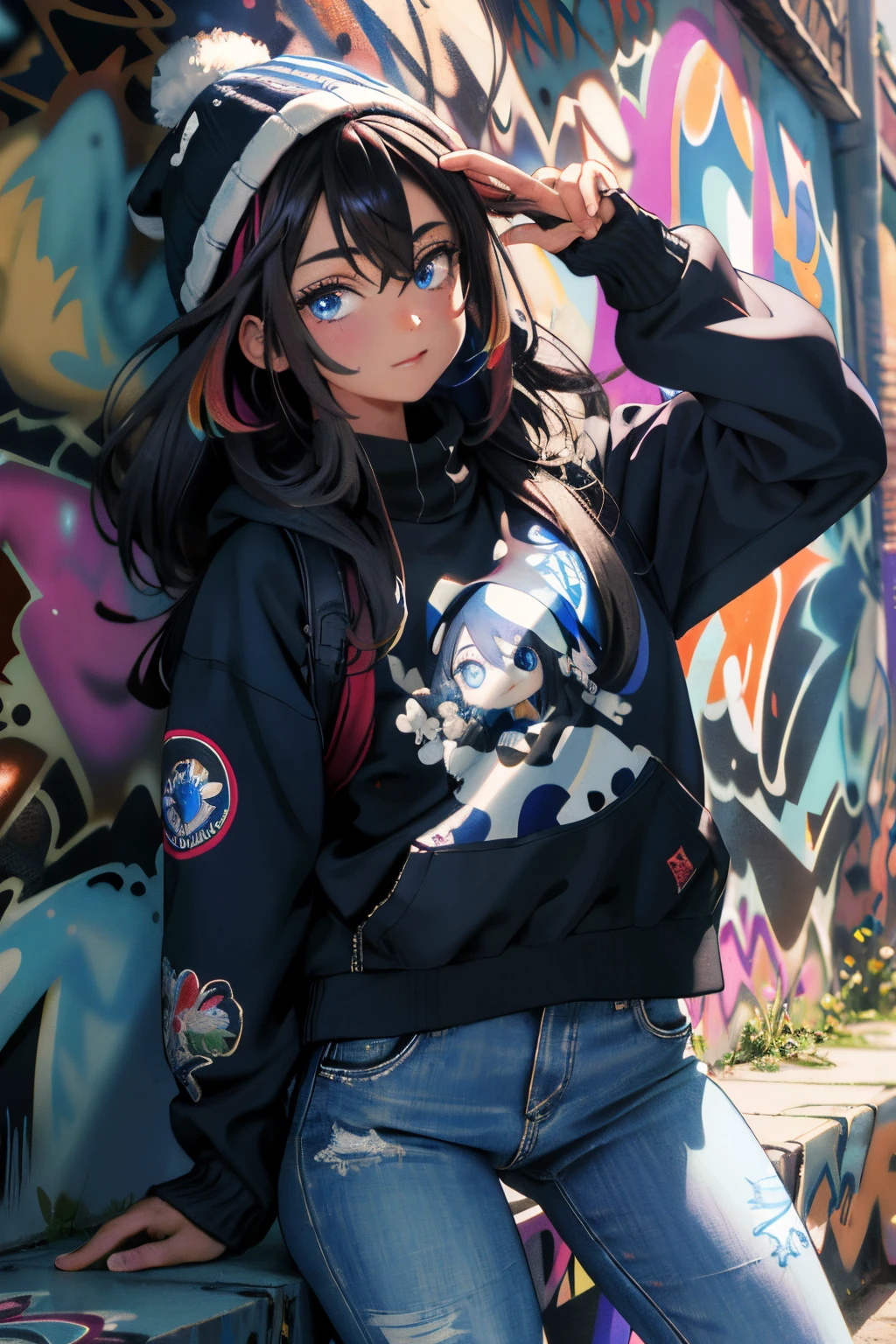 make realistic，（nmasterpiece，top Quority，best qualtiy，offcial art），ighly detailed，Colorful，best detailed，fairy chalet，Broad background，Kamimei，length hair，cabelos preto e longos，Beautiful woman、(​masterpiece:1.2、top-quality)、(graffiti wall:1.2)、1lady、Beanie、jaket、leggins、blue eyess、full bodyesbian、