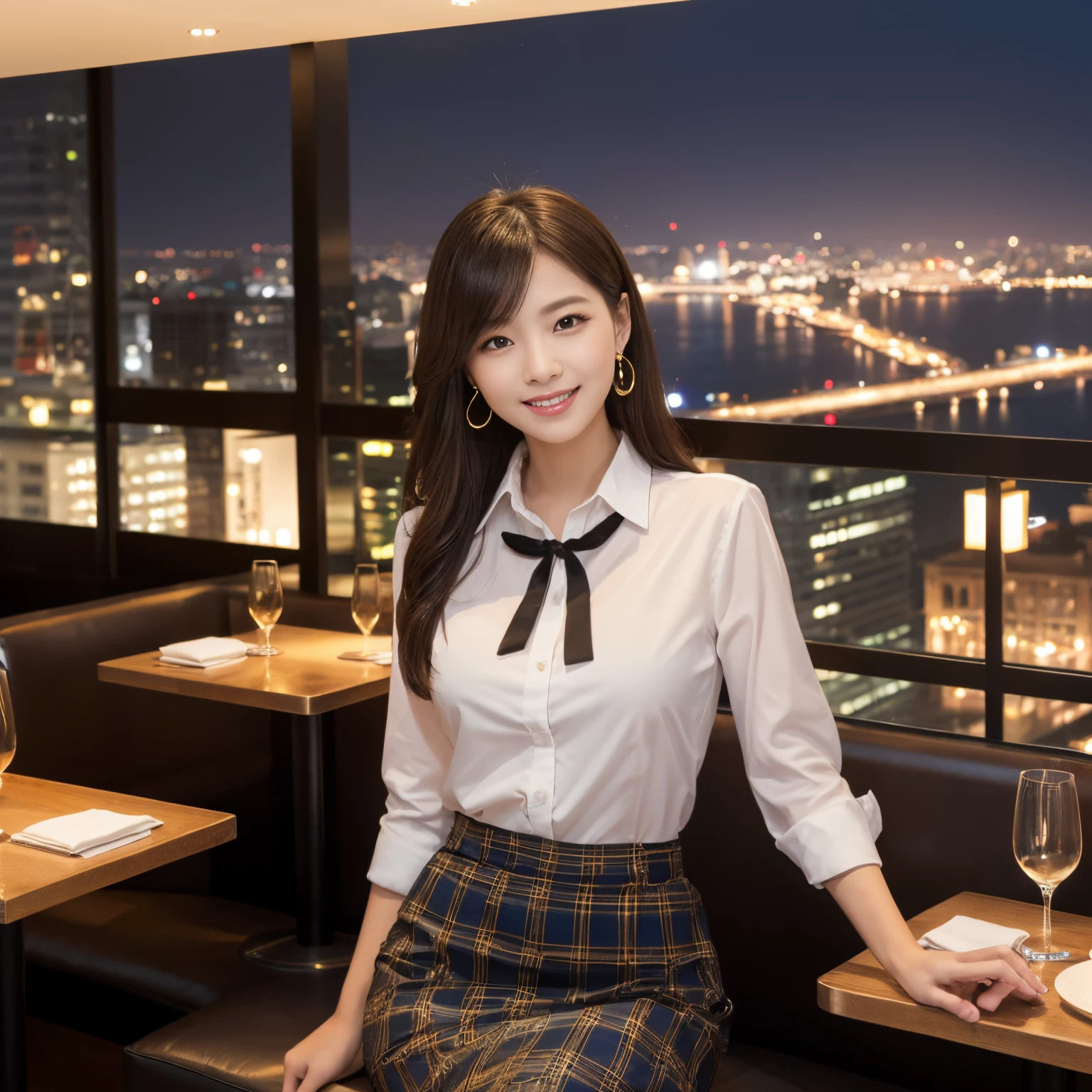 ((top-quality、masutepiece、8K、Top image quality、super-fine))、(1 schoolgirl、School White Shirts、uniform ribbon on chest、Plaid Navy Skirt)、Photo from the waist of a woman、The background is a high-end restaurant on the 40th floor..、High-end restaurant in a high-rise building、black and gold interior、Shiny black and gold interior、gothic and gorgeous、Night view from the large window、Huge windows、Amazing night view from the big windows、Sit in the window seat、While looking at the wonderful night view、The view from the 40th floor is amazing、A very beautiful and complex night view、Luxury restaurant with night view、Very complex and detailed night scene、very classy restaurant interior、gorgeous lighting、Dim lighting、Very elegant and classy lighting、It feels very luxurious、very luxurious atmosphere、The most luxurious and elegant interior、The most exclusive atmosphere in the world))、She's looking at me、Smile at me、perfect anatomia、A detailed face、Perfect fingers