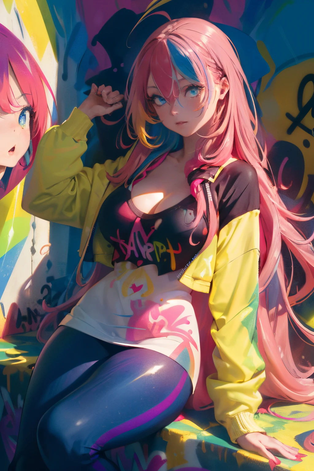Park,Dressed, cleavage,flirting with camera,(photographrealistic:1.4), (Hyper realistic:1.4), (Realistic:1.3),(Smoother lighting:1.05), (increase cinematic lighting quality:0.9), 1girl in, a 18 year old girl, (Long pink hair, (Multicolored) Blue, Red, yellow, rainbow hair:1.6),Realistic lighting, Backlighting, Light on Face, sun shining, Shiny skin, solar flare,(Blue eyes:1.4),(Brightening light:1.2), (Increase quality:1.4),(Top quality real texture skins:1.4), finely detailed eyes, finerly detailed face,(tired and sleepy and joy), close up of face, (Increase body line mood:1.2), (Increase the beauty of skin texture:1.2)、(masutepiece:1.2, Best Quality), (graffiti wall:1.2), 1lady, Beanie, Jacket, leggins, Blue eyes, fullllbody,full bodyesbian,