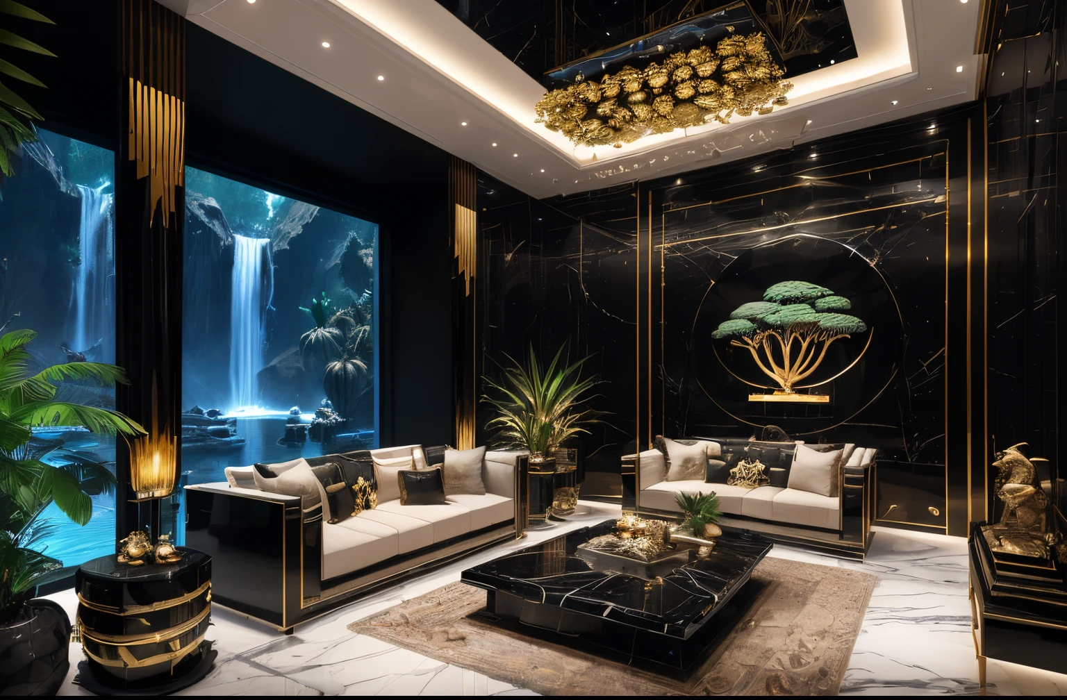 incredible black luxurious futuristic interior in Ancient Egyptian style with many ((lush plants)) (lotus flowers), ((palm trees)), (((african flowers and plants))), rocky walls, ((sand)), ((waterfalls)) (marble), ((precious minerals)), ((metals)), (gemstones), crystals, clouds and (((water))), ((luxury furniture made out of gemstones)), (hieroglyphics), ((trees, flowers, plants made out of gemstones and precious minerals and lights)), crocodiles, (((ultra luxury))), (black marble) – with ((beautiful lights)), Unreal Engine, HQ, 16k