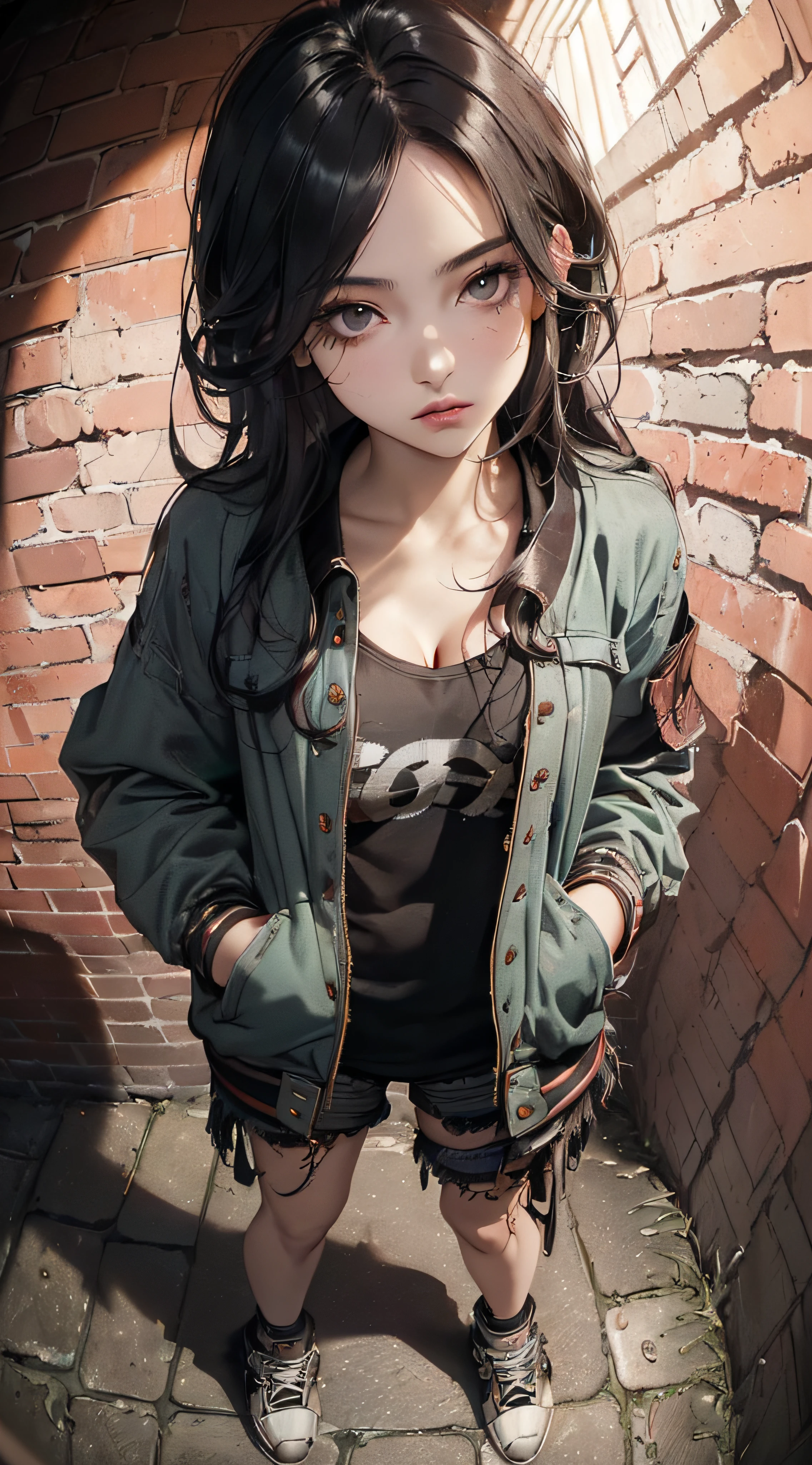 (((8k wallpaper of extremely detailed CG unit:1.2, masterpiece, hight resolution:1.2, top-quality:1.2, masutepiece))), ((a very beautiful woman, Grunge Fashion, Wearing a blouson:1.1, Wearing shoes, Hands in pockets:1.8)), ((extra detailed face, Highly detailed black eyes, extra detailed body, Top quality real texture skins)), (A dark-haired, The long-haired, de pele branca, Small:1.2, Exposed cleavage), ((surrounded by a brick wall)), (high-angle:1.2, a closeup, Fisheye:1.4), hyper realisitic, digitial painting,