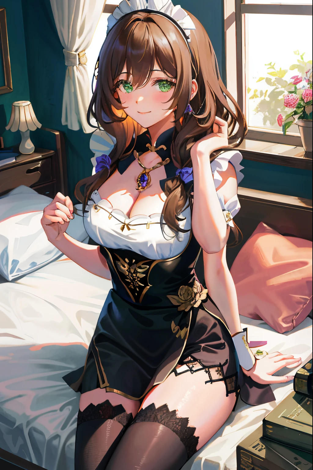 Lisa, GenshinImpact, 1girl in, Solo, breasts, cleavage, hair between eye, hair messy, Large breasts, Long hair, Looking at Viewer, Brown hair, red short nails, Green eyes, Solo, thighs thighs thighs thighs, ((masutepiece)), maid dress, meidofuku, maid, Skirt, stockings, bow ribbon, Maid Uniform, Sitting, Bedroom, bed, PILLOWS, window, nigh sky, blush, Shy, Smile, Sexy Pose,