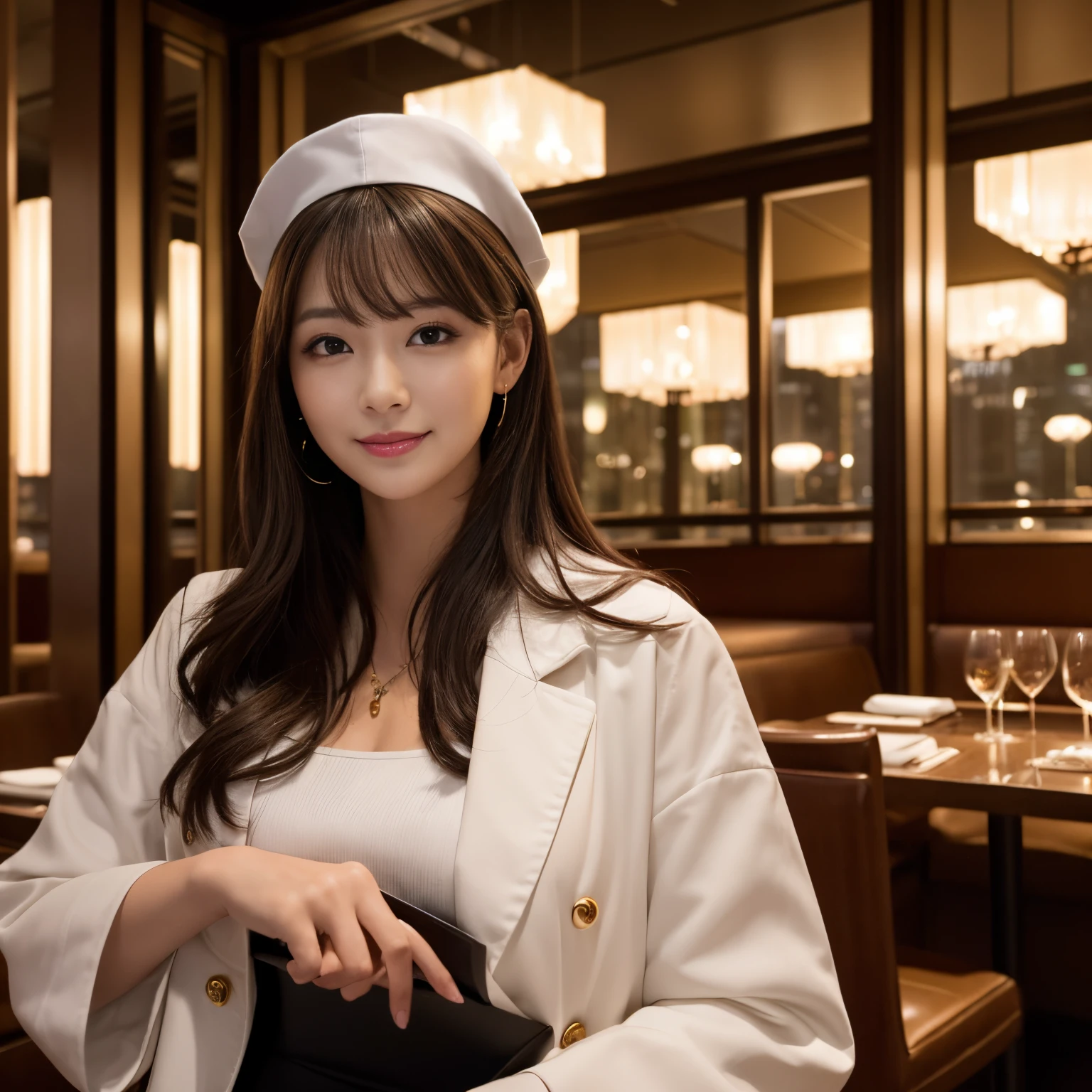 ((top-quality、masutepiece、8K、Top image quality、super-fine))、(1 nurse、Female Nurse、perfect nurse white coat、authentic nurse cap、Plain Nurse Cap)、Photo from the waist of a woman、The background is a high-end restaurant on the 40th floor...、High-end restaurant in a high-rise building、black and gold interior、gothic and gorgeous、Night view from the large window、Huge windows、Amazing night view from the big windows、Sit in the window seat、While looking at the wonderful night view、The view from the 40th floor is amazing、A very beautiful and complex night view、Luxury restaurant with night view、Very complex and detailed night scene、very classy restaurant interior、gorgeous lighting、Dim lighting、Very elegant and classy lighting、It feels very luxurious、very luxurious atmosphere、The most luxurious and elegant interior、The most exclusive atmosphere in the world))、She's looking at me、Smile at me、perfect anatomia、A detailed face、Perfect fingers