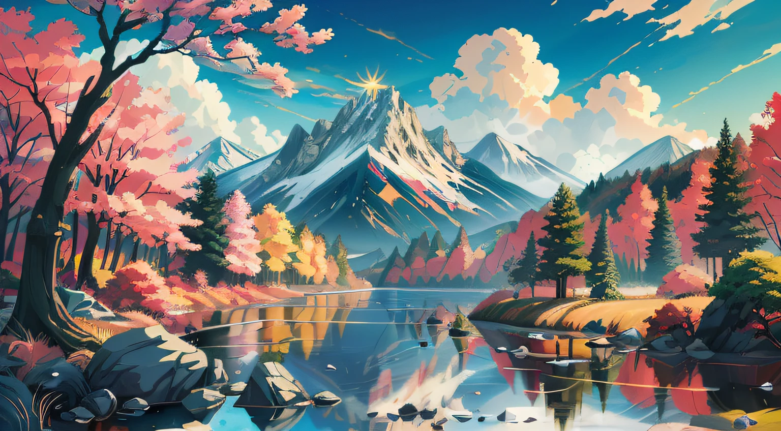 ln the forest, critters, mont, rios, clouds, tmasterpiece, k hd, high qulity, A high resolution, high qulity, high detal, tmasterpiece, style of anime, Japanese cartoon