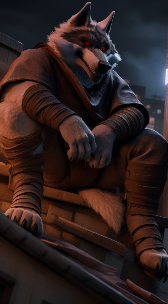 (best quality,4k,8k,highres,masterpiece:1.2),ultra-detailed,realistic:1.37,ultimate ninja death wolf,resting on a rooftop,after an intense battle,against five bandits,masked as a ninja,garbed in a ninja outfit with glowing red eyes,and a highly detailed Japanese background