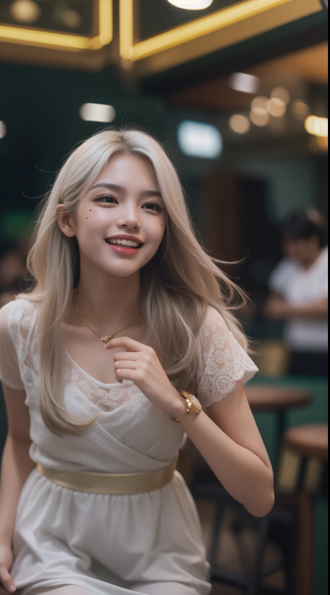 Malay girl, very long white hair,wear black Mini peplum Dress , laughing and posing with hand on head, touching her own hair, wear gold handbag, from back view, windy, detail skin, age spot, detail skin texture, mole below eyes, small breast, flat chest, wide hips, small waists, thick thighs, slim abs, beautiful petite body, nighttime, laughing, happy, cool ambient, crowded cafe, blur background, bokeh, cinematic lighting, Super 8mm lense, Extreme close-up, deep focus cinematography effect, Natural Lighting, pastel color grading, high quality, ultra detail, 8k resolution
