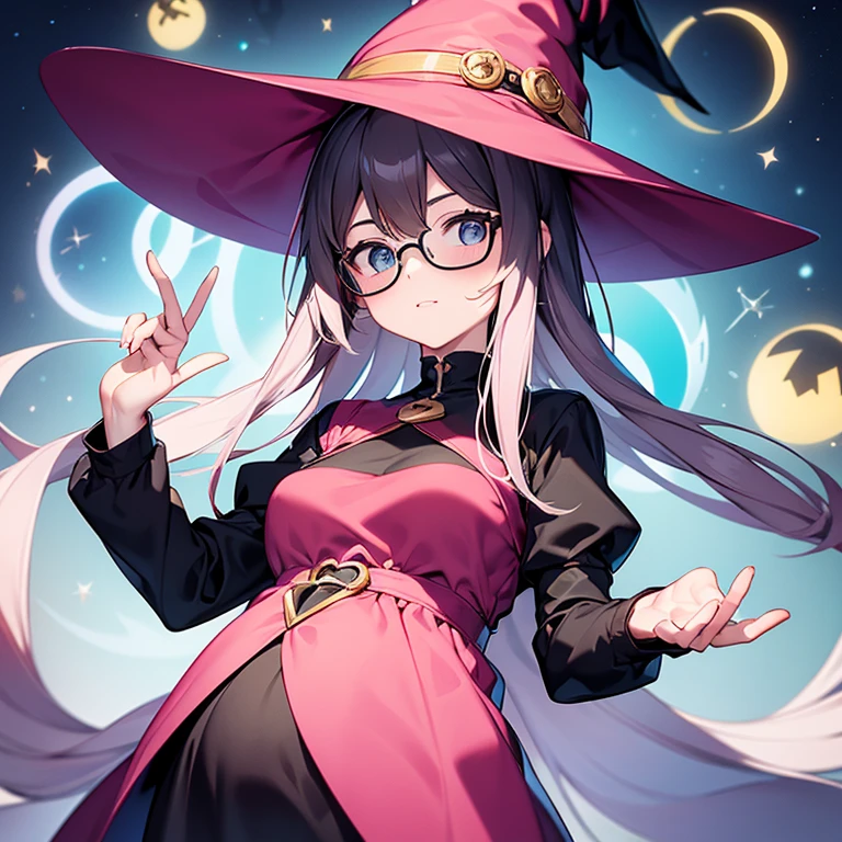 The woman wears black glasses in the shape of a circle without mirrors and has beautiful colored eyes. Dressed in a cute pink dress and wearing a cute Ping Witch Hat. pregnant