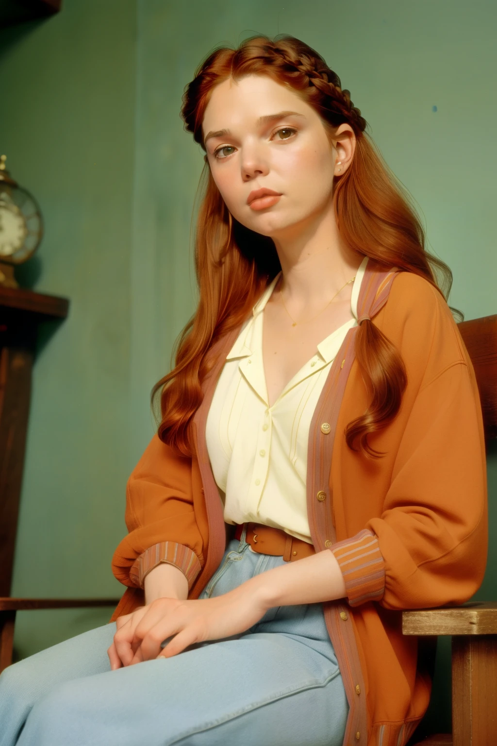 1997, Berkshire County, Massachusetts. Pre-raphaelite (((45-year-old Sutton Foster))), redhead, visiting the village street, ((((casual Clothing from the 1990s)))), ((Hairstyle of the 1990s)), ((Wes Anderson cinematic style)), colorful