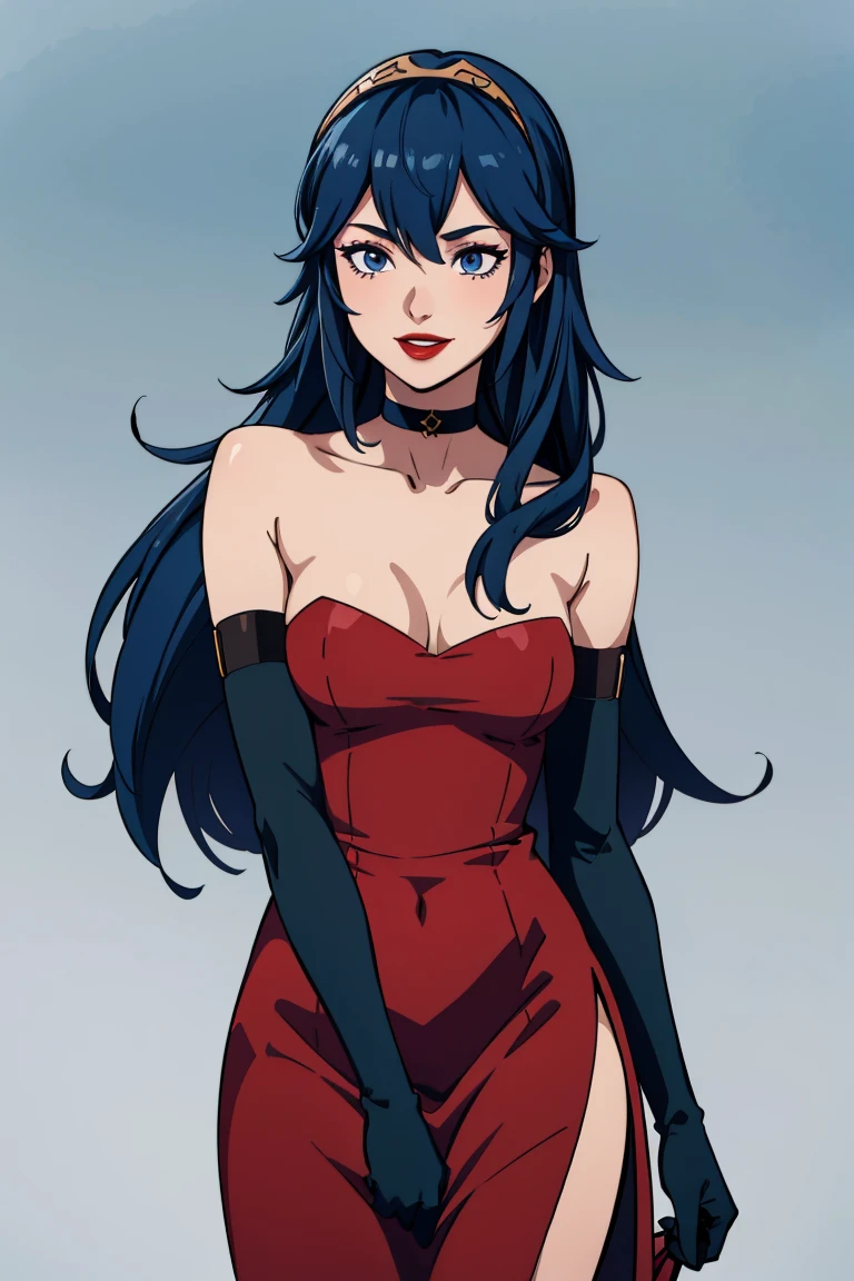 lucina fe, blue hair, blue eyes, red dress, strapless dress, long white elbow gloves, smile, light red lipstick, dark purple eye shadow, makeup, black choker, cowboy shot