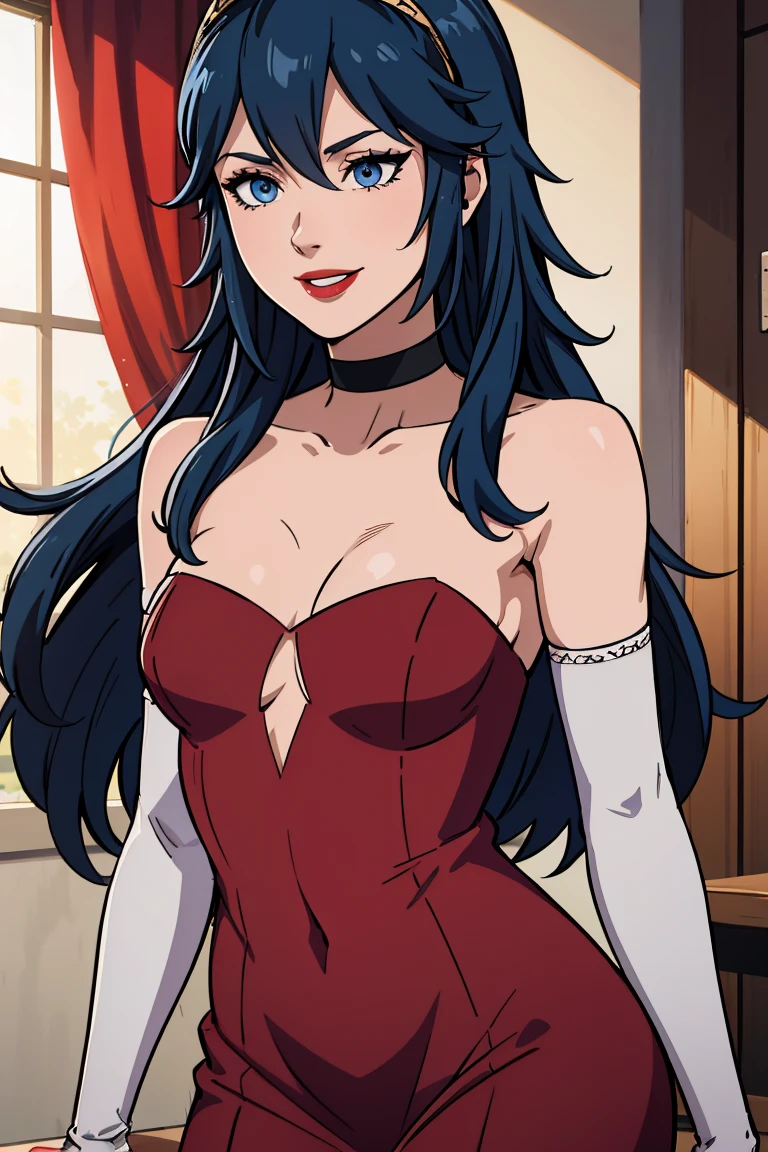 lucina fe, blue hair, blue eyes, red dress, strapless dress, long white elbow gloves, smile, light red lipstick, dark purple eye shadow, makeup, black choker, cowboy shot