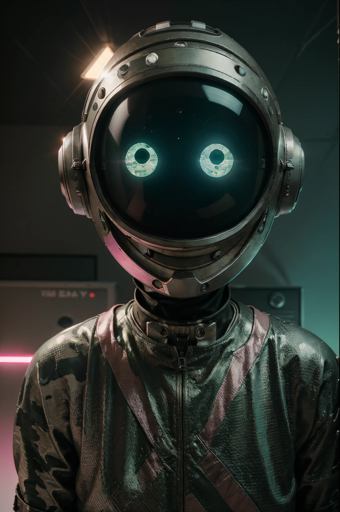 A Modern flat toon Crazy whit a Big ONE a Only Eye Robot and helmet Style, tongs in hands, Tv head, pinhead, camouflage Pink Light Green Rusty, Ambient in a meteorite crater super detailed, center, beautiful, soft lighting, focused on the character, 4K resolution, photorealistic rendering,