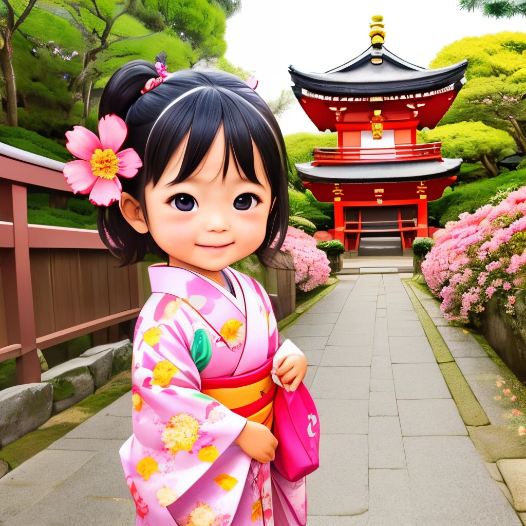 photoRealstic、Japan shrine in the background、３Year old girl、Wearing a kimono to celebrate Shichi-Go-San、Traditional events of Japan、Smile, kawaii pose 、 ultradetailed eyes、Full Paint、Floral hair ornament、butterfly hair ornament、on my right hand, I have a bag of Chitose candy、Strong bokeh、Flowers in the foreground