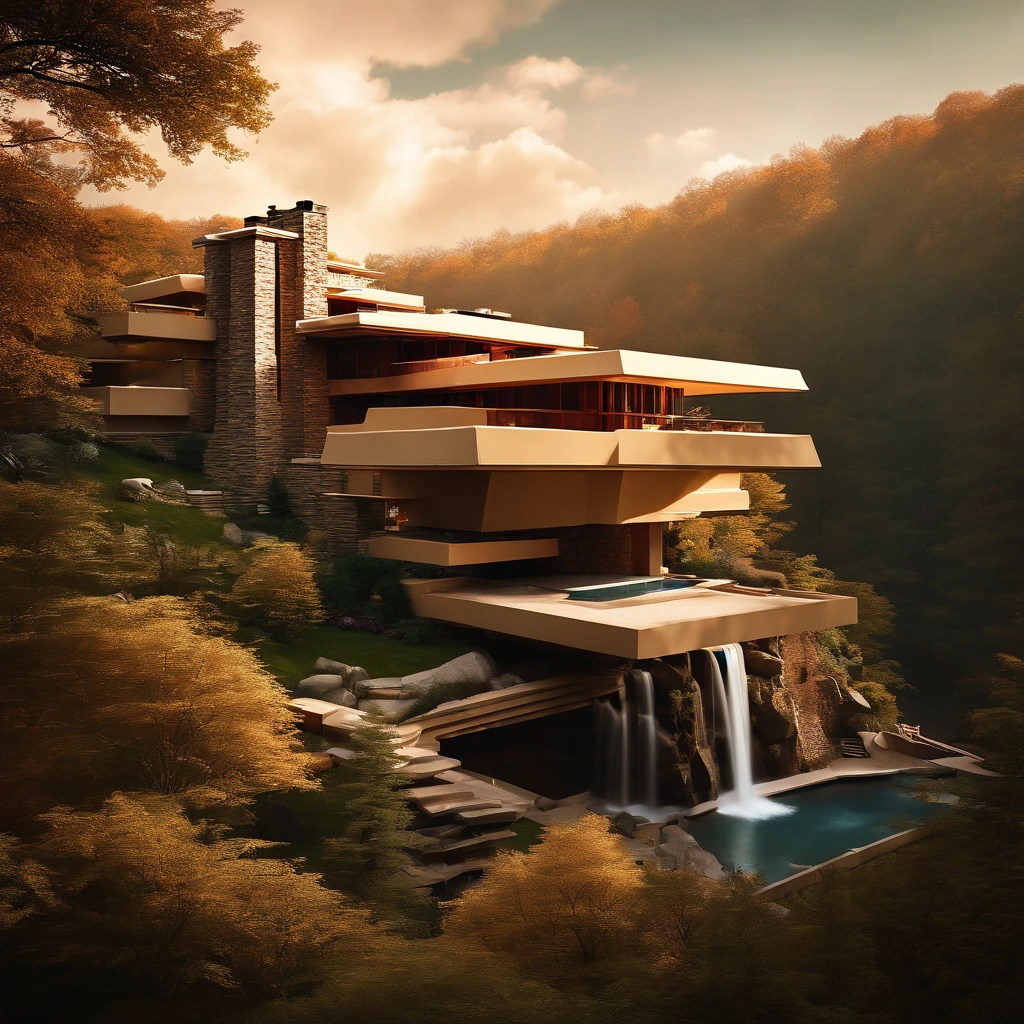 (((An amazing house))), (minimalism and brutalism style influence), ((Frank Lloyd Wright Fallingwater)),(((with large terracess))), (beautiful gardens), ((natural lake)), waterfall ((top of a small hill)), (in edge of a river), sunset, big, deep and beautiful clouds, illustration format, cool and warm color palette, high contrast, hard shadows (Masterpiece, highest quality), (Exquisite lighting and shadow, highly dramatic picture, Cinematic lens effect), (((Simon Stålenhag visual style))) 1 level house, big panorama windows, 200 square meter house, etage, avantgarde, future, flat roof, architecture inspired by Zaha Hadid, trees in the garden