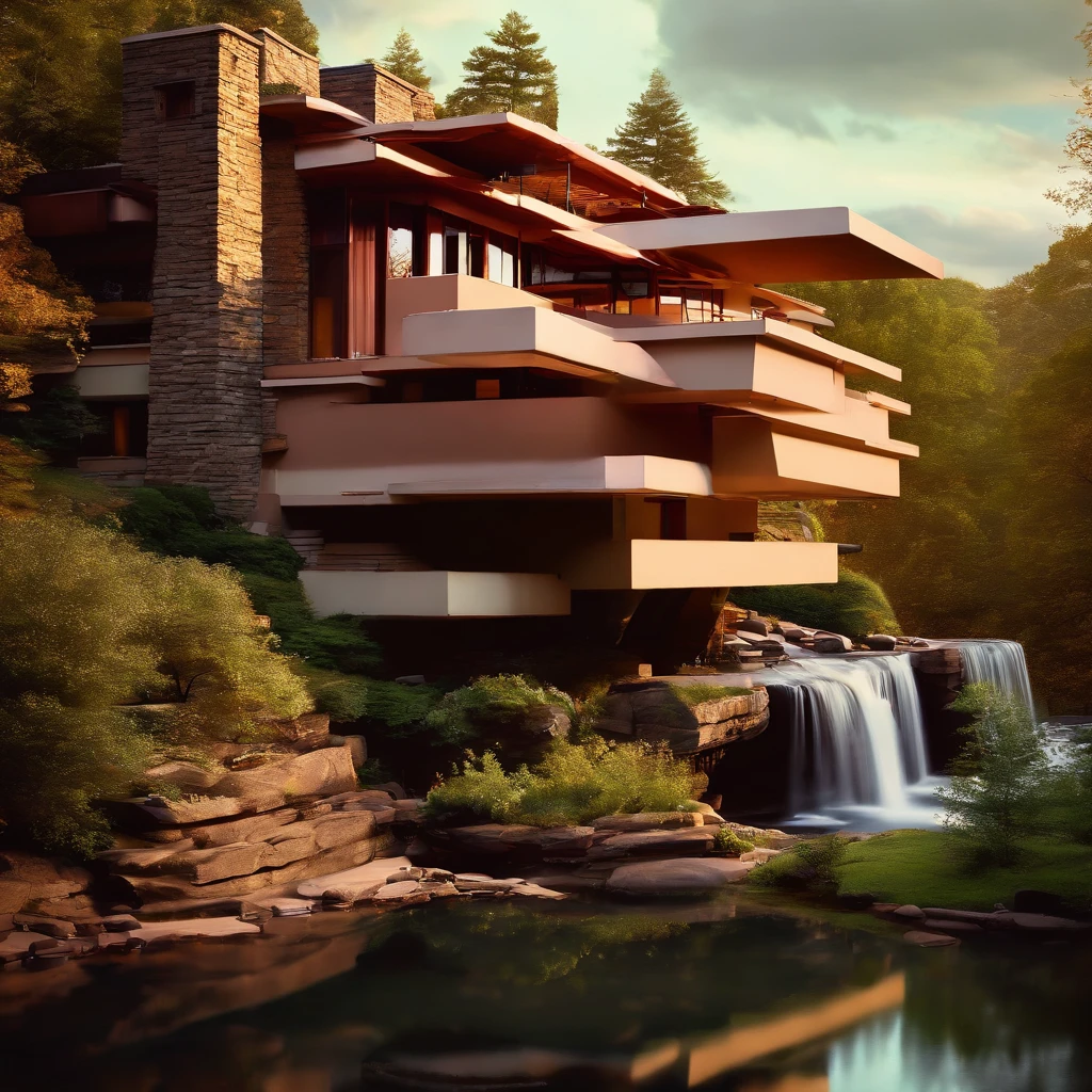 (((An amazing house))), (minimalism and brutalism style influence), ((Frank Lloyd Wright Fallingwater)),(((with large terracess))), (beautiful gardens), ((natural lake)), waterfall ((top of a small hill)), (in edge of a river), sunset, big, deep and beautiful clouds, illustration format, cool and warm color palette, high contrast, hard shadows (Masterpiece, highest quality), (Exquisite lighting and shadow, highly dramatic picture, Cinematic lens effect), (((Simon Stålenhag visual style))) 1 level house, big panorama windows, 200 square meter house, etage, avantgarde, future, flat roof, architecture inspired by Zaha Hadid, trees in the garden