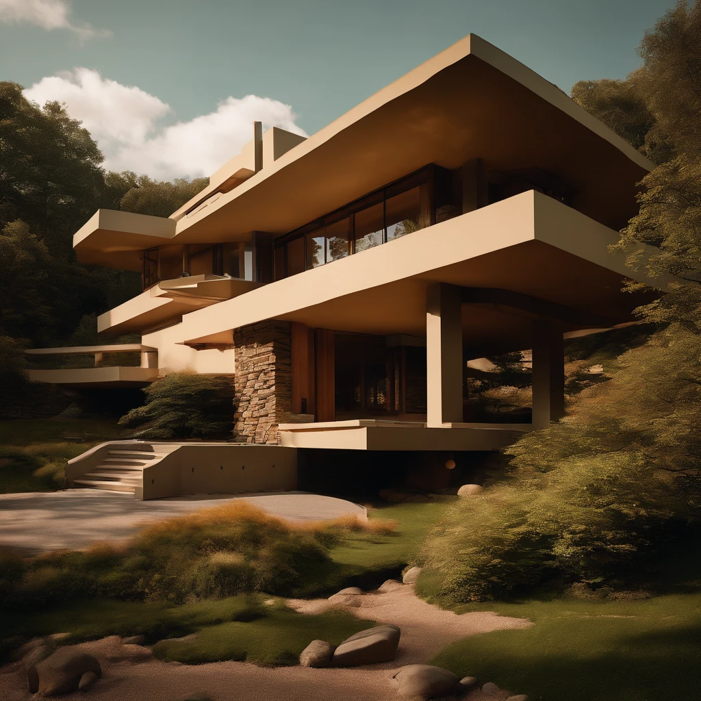 (((An amazing house))), (minimalism and brutalism style influence), ((Frank Lloyd Wright Fallingwater)),(((with large terracess))), (beautiful gardens), ((natural lake)), waterfall ((top of a small hill)), (in edge of a river), sunset, big, deep and beautiful clouds, illustration format, cool and warm color palette, high contrast, hard shadows (Masterpiece, highest quality), (Exquisite lighting and shadow, highly dramatic picture, Cinematic lens effect), (((Simon Stålenhag visual style))) 1 level house, big panorama windows, 200 square meter house, etage, avantgarde, future, flat roof, architecture inspired by Zaha Hadid, trees in the garden