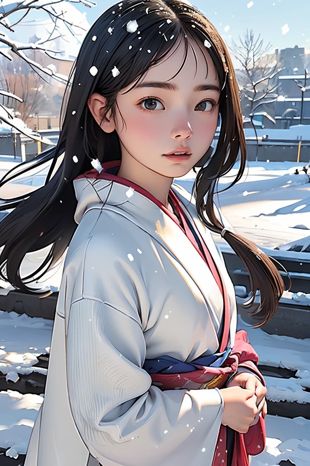 (Kimono)、、(top-quality,​masterpiece:1.3,超A high resolution,),(ultra-detailliert,Caustics),(Photorealsitic:1.4,RAW shooting,)Ultra-realistic capture,A highly detailed,high-definition16Kfor human skin、 Skin texture is natural、１４age、The skin looks healthy with an even tone、 Use natural light and color,One Woman,japanes,,kawaii,A dark-haired,Middle hair,(depth of fields、chromatic abberation、、Wide range of lighting、Natural Shading、)、、(Falling snow:1.3)、(Hair swaying in the wind:1.3)、(Snow reflects light:1.3)