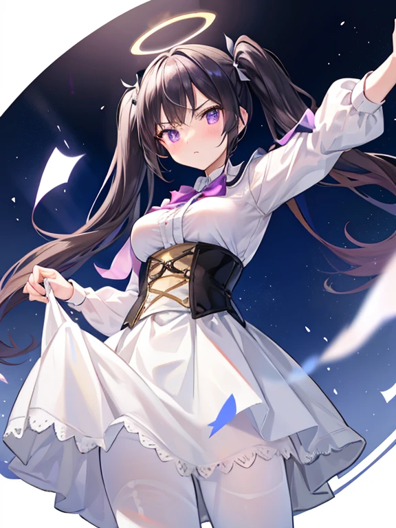 white skirt,black hair, twintails, white skirt,white pantyhose,corset, 8K, masterpiece,detailed halo,16 years old highly detailed face,medium breast,solid circle eyes,wing on the waist,purple eyes,god ray,detailed shading,depth of field BREAK angry, blush, skirt lift, self lift, from below