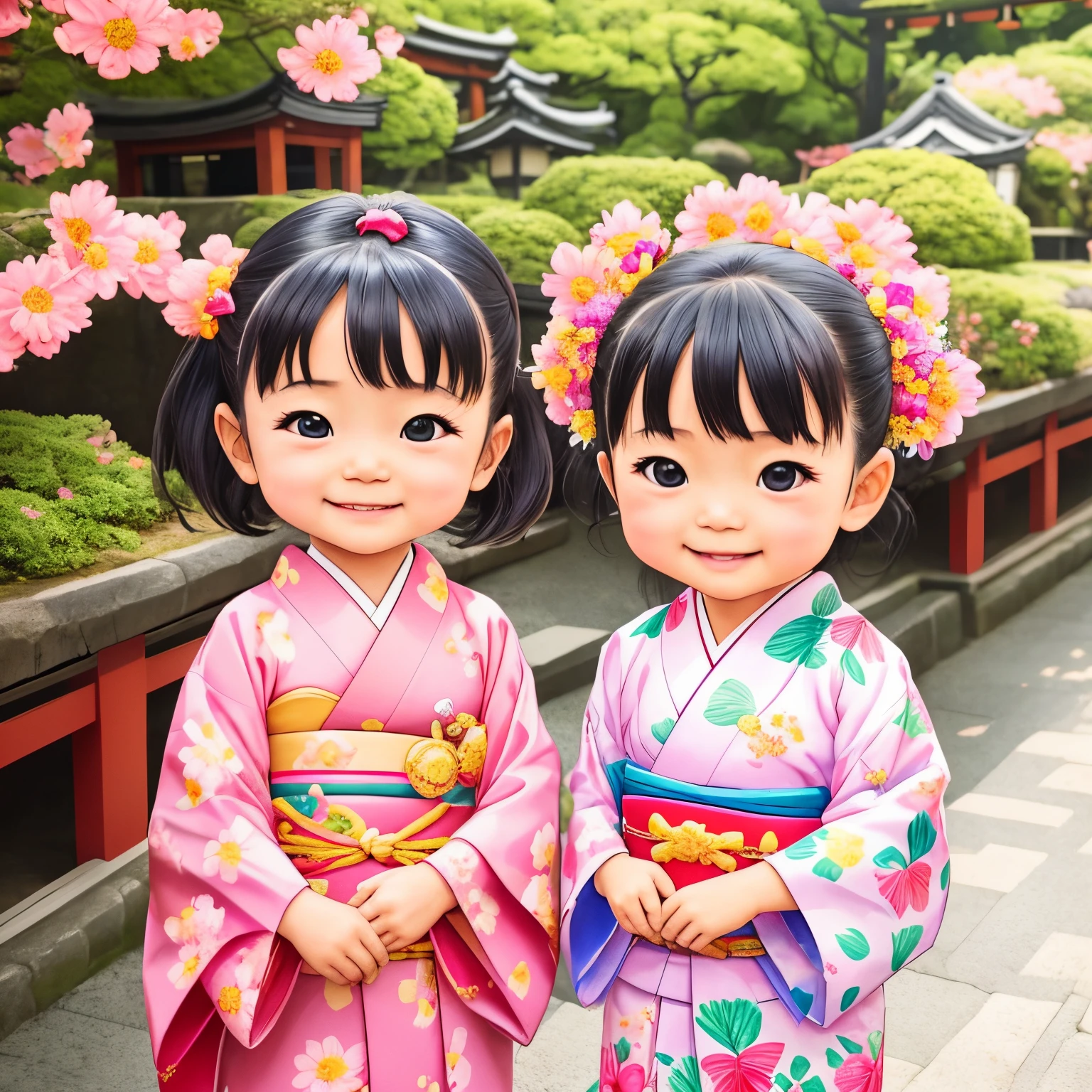 photoRealstic、Japan shrine in the background、３Year old girl、Wearing a kimono to celebrate Shichi-Go-San、Traditional events of Japan、Smile, kawaii pose 、 ultradetailed eyes、Full Paint、Floral hair ornament、butterfly hair ornament、on my right hand, I have a bag of Chitose candy、Strong bokeh、Flowers in the foreground