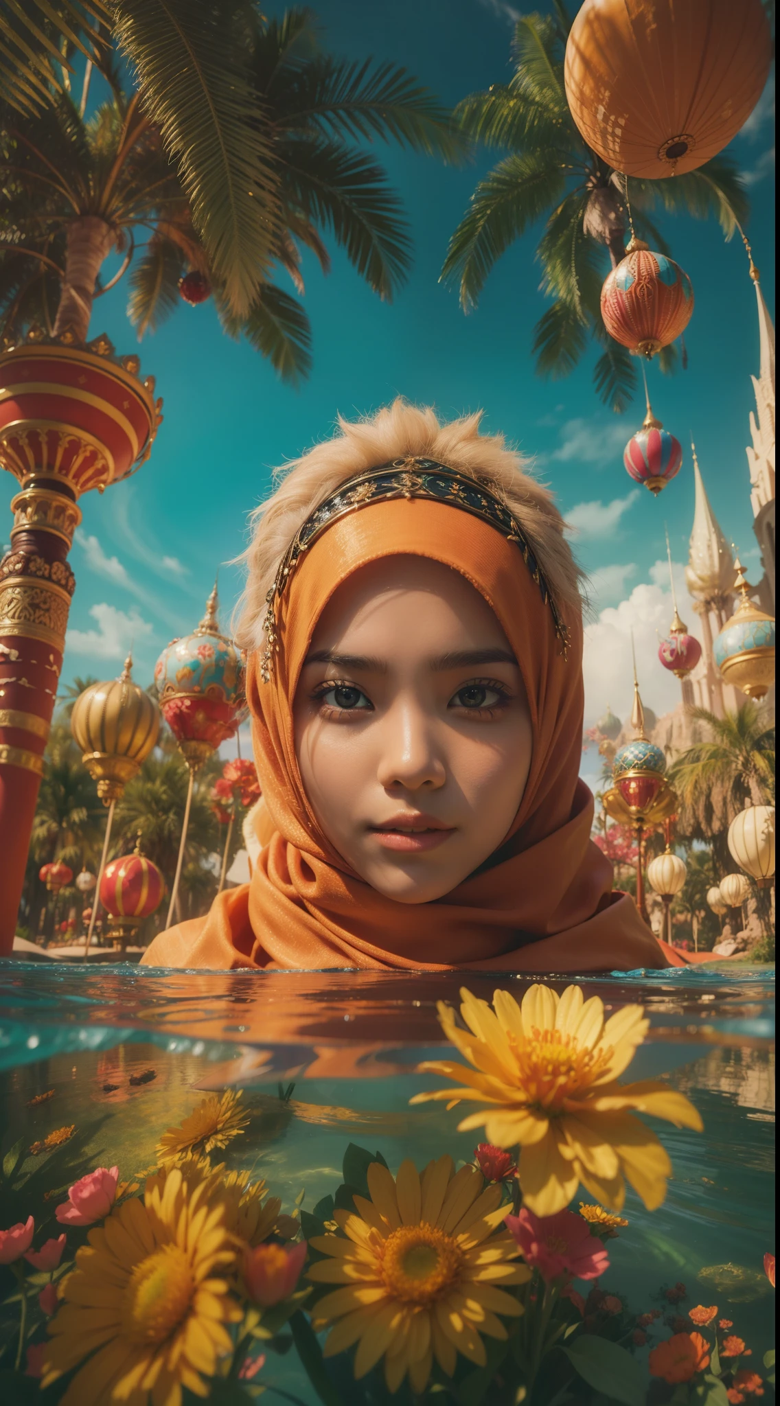 Design a surreal image of a Malay girl in hijab floating on a magical oasis in the sky. Surround her with vibrant colors and fantasy elements, creating a dreamlike atmosphere, Super 8mm, Low angle shot, bright color grading, depth of field cinematography effect, western movie style,high quality, ultra detail, 8k resolution,
