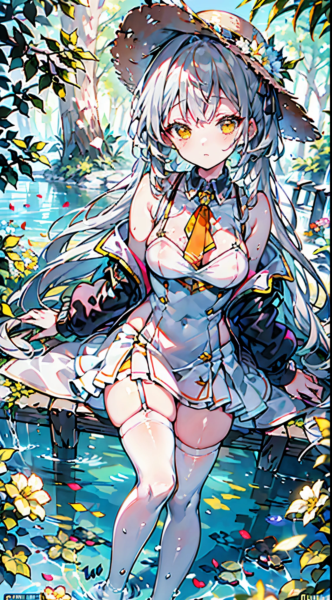 masterpiece, best quality, ultra-detailed, illustration, abstract, innovative, experimental, unique, over exposed, 1girl, solo,li,outdoors, twin ponytails, silver hair, yellow eyes, vivid color, blue:0.8, white collared dress, white thighhighs, bolo tie, collar, straw hat, sunny, stream, water, orange:0.4, pink:0.8, flower, leaf, ((blurry foreground)), great view, looking at viewer, watercolor \(medium\), Mid-range, colorized, art by Cornflower, dreamy, full body, beautiful detailed eyes ,elegant eyelashes, beautiful detailed face, (an extremely delicate and beautiful) , studio photography, extremely detailed wallpaper, (backlighting:0.6),(covered nipples)