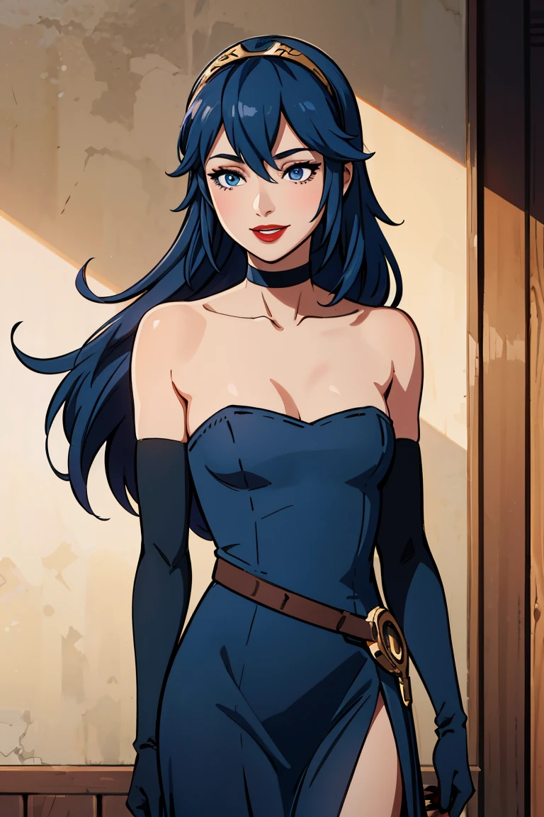 lucina fe, blue hair, blue eyes, blue dress, strapless dress, long white elbow gloves, smile, light red lipstick, dark purple eye shadow, makeup, black choker, cowboy shot