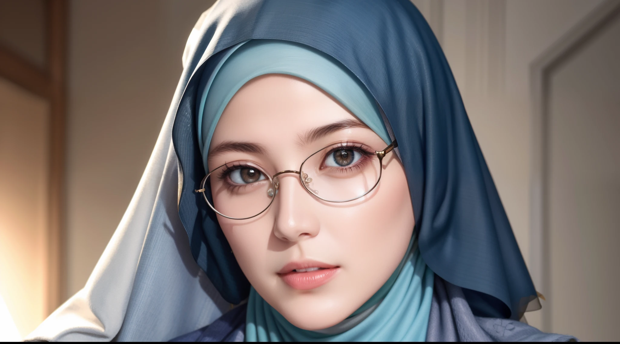 best quality, masterpiece, highres, moslem female dress, necklace, Beautiful face, (upon body from head to waist:1.37), tyndall effect, photorealistic, dark studio, rim lighting, two tone lighting, 8k uhd, dslr, soft lighting, high quality, volumetric lighting, candid, Photograph, high resolution, 4k, 8k, Bokeh, (hyperrealistic girl), (illustration), (high resolution), (extremely detailed), (best illustration), (beautiful detailed eyes), (best quality), (ultra-detailed), (masterpiece), (wallpaper), (photorealistic), (natural light), (rim lighting), (detailed face), (high detailed realistic skin texture), (anatomically correct), (solo), (1 woman), (heterochromic eyes), (detailed eyes), (sparkling eyes), (long legs), (big breasts), (dynamic pose), (concentrated expression), (wearing hijab:1.4), moslem headscarf, reading glasses.