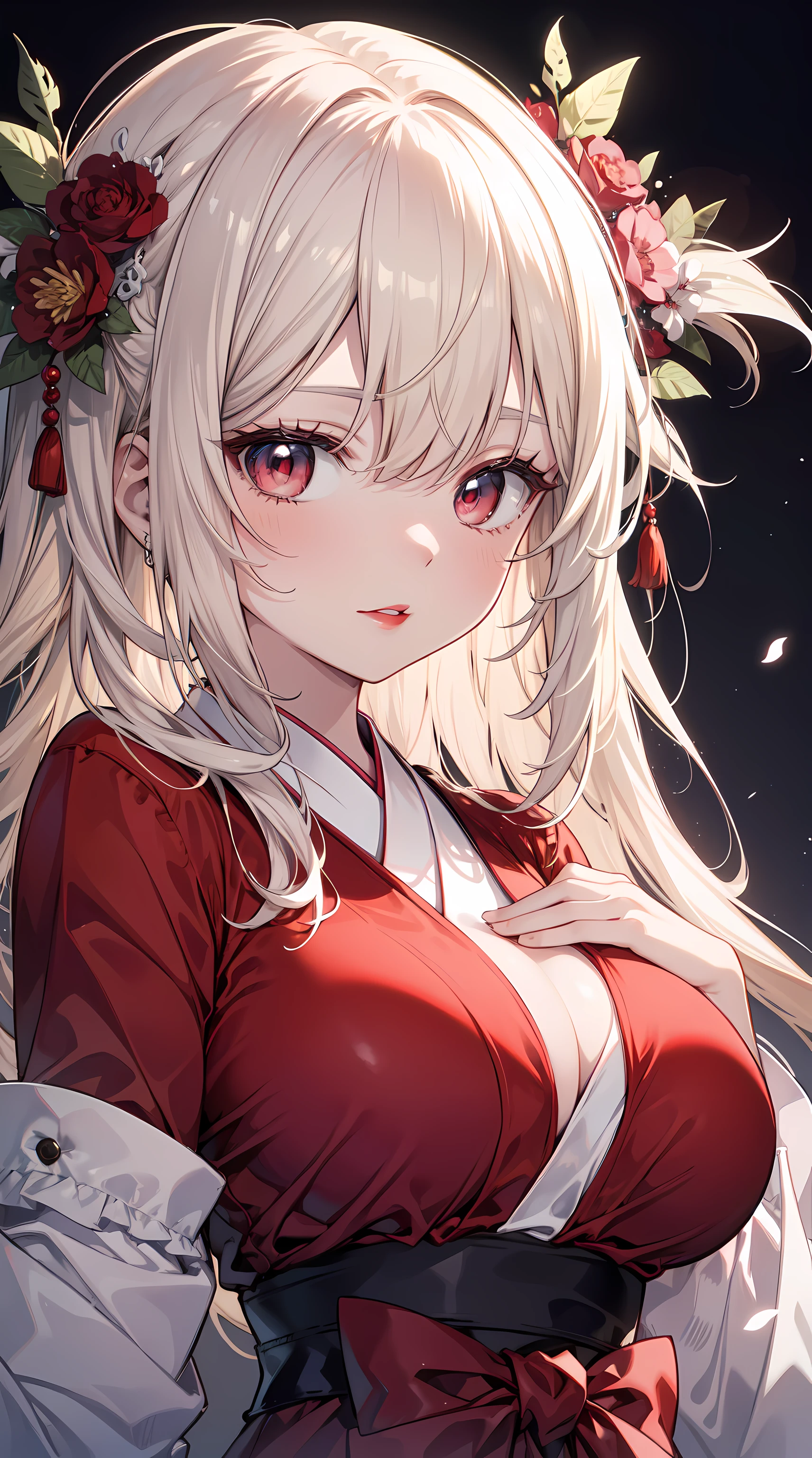 (tmasterpiece),(Best quality at best:1.0), (Ultra-high sharpness:1.0), detailed descriptions, 8K, Japanese cartoon, 1个Giant Breast Girl, Beautiful anime girls, in a red dress, corolla, pretty face, 详细的脸, pretty eyes, A detailed eye, dark red eye, Bright red lips, red lip stick, Beautiful and stylish hair, highlights in hair, Bangs anime style, Best quality at best, A vibrant