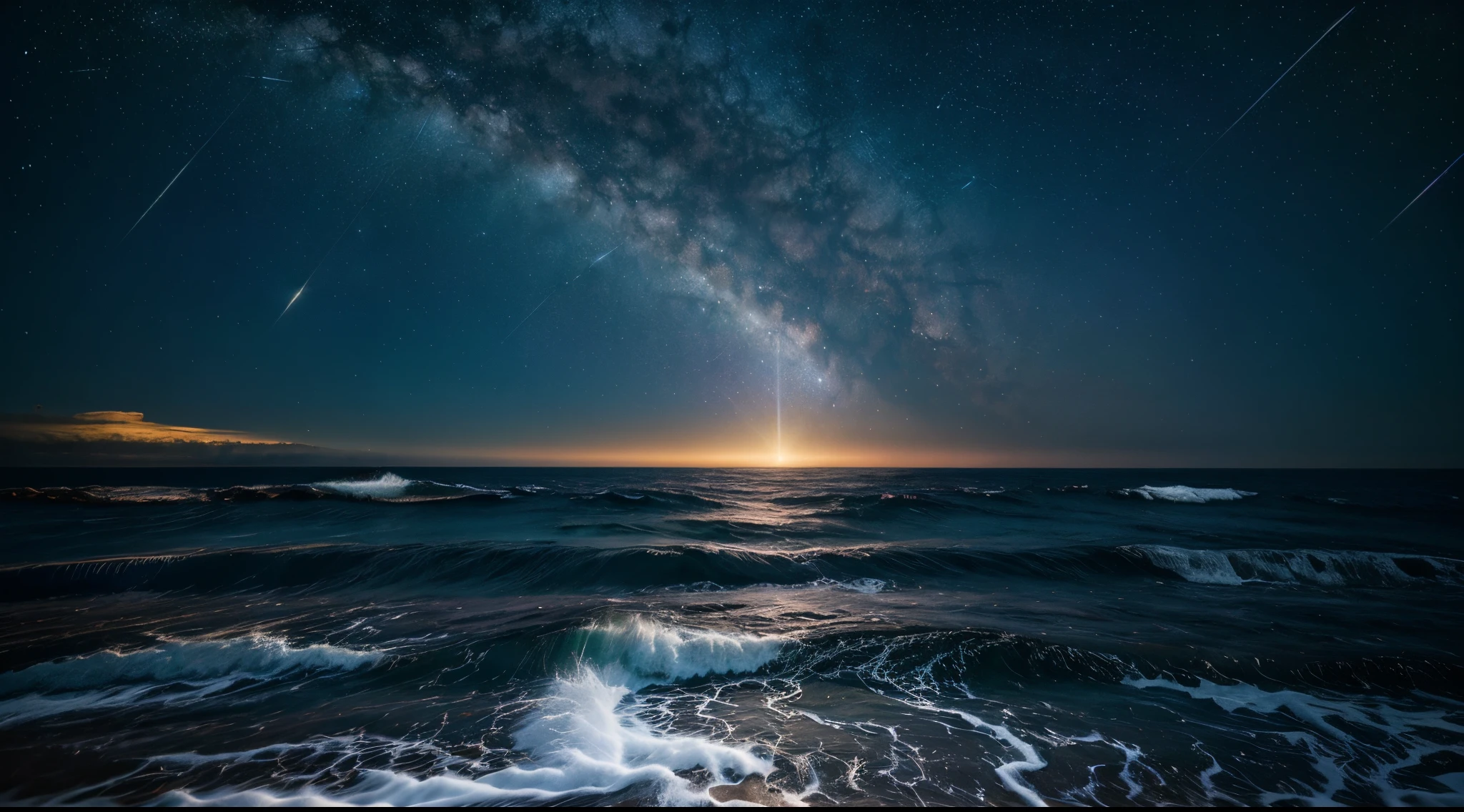 "universe exists" A view of the world and a series of constellations and magical entities and meteor shower in the sky, magia, As estrelas, External, erode, light in center, from a flash of light, Sea with waves and sunrise, Gorgeous dramatic scenes, 8K, A gorgeous one