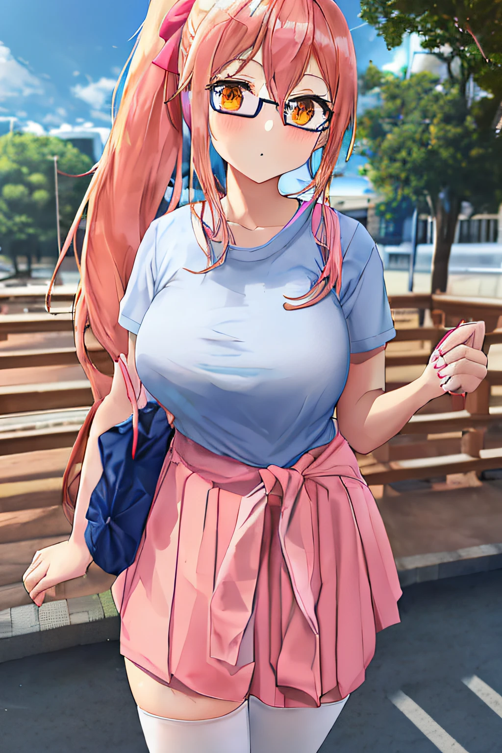 Full body girl with pink colored long hair, a side ponytail, orange eyes and big breasts, She's wearing a light blue t-shirt, a light pink skirt, glasses, a hair bow, white colored thighhighs and white shoes, She has a sweater tied around her waist (Detailed clothes)